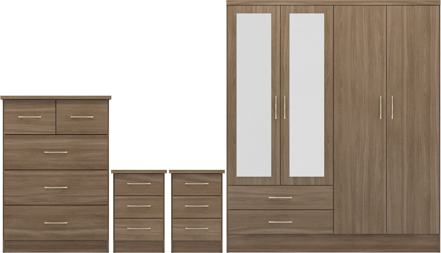 NEVADA 4 DOOR 2 DRAWER MIRRORED WARDROBE BEDROOM SET - RUSTIC OAK EFFECT