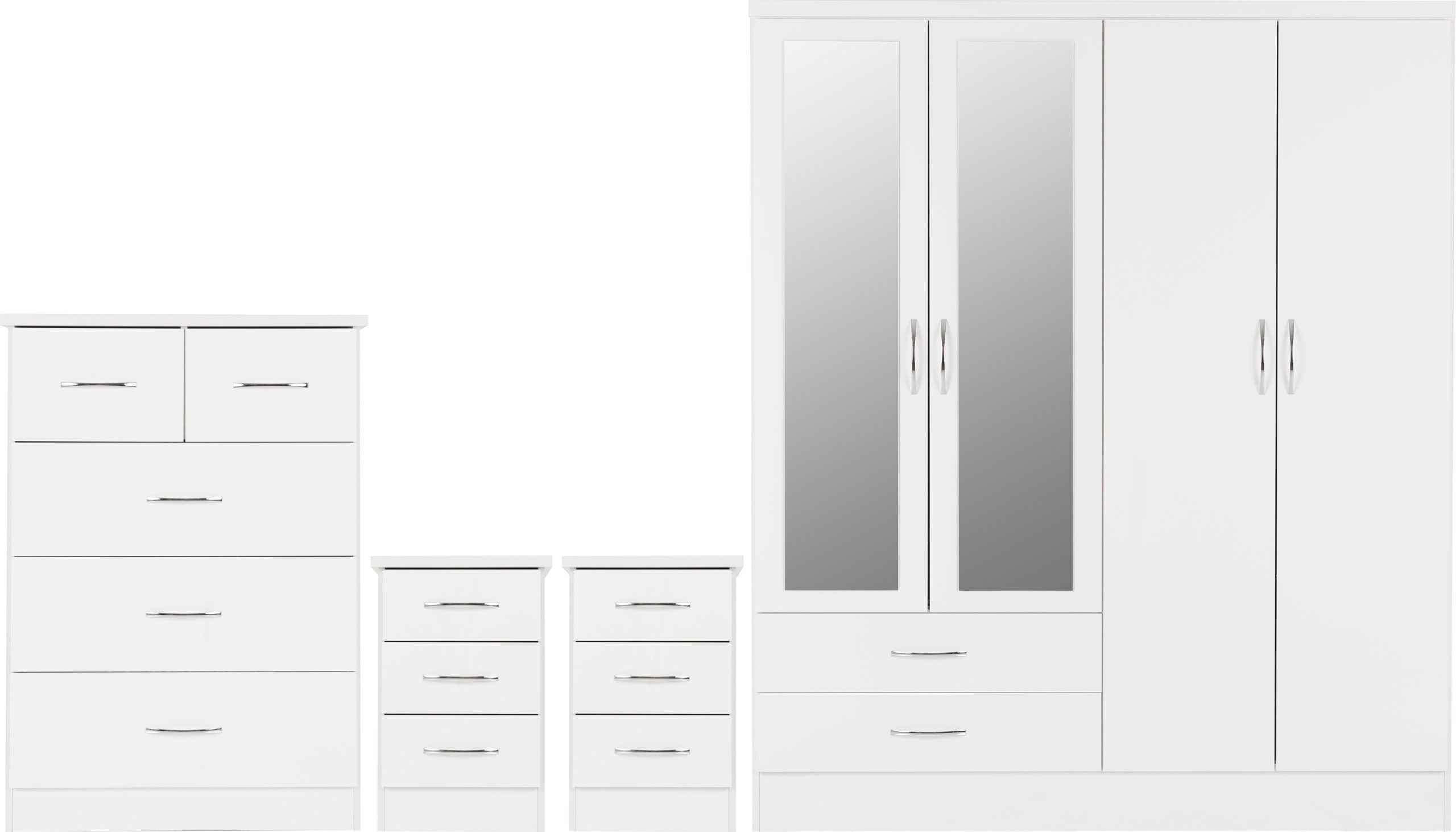 NEVADA 4 DOOR 2 DRAWER MIRRORED WARDROBE BEDROOM SET - WHITE GLOSS