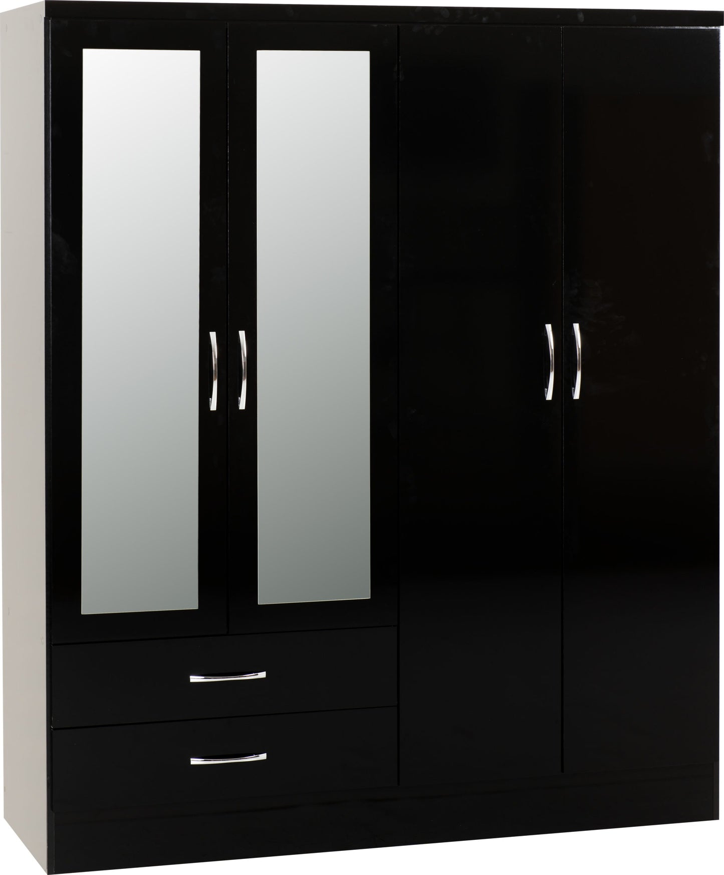 NEVADA 4 DOOR 2 DRAWER MIRRORED WARDROBE - BLACK GLOSS