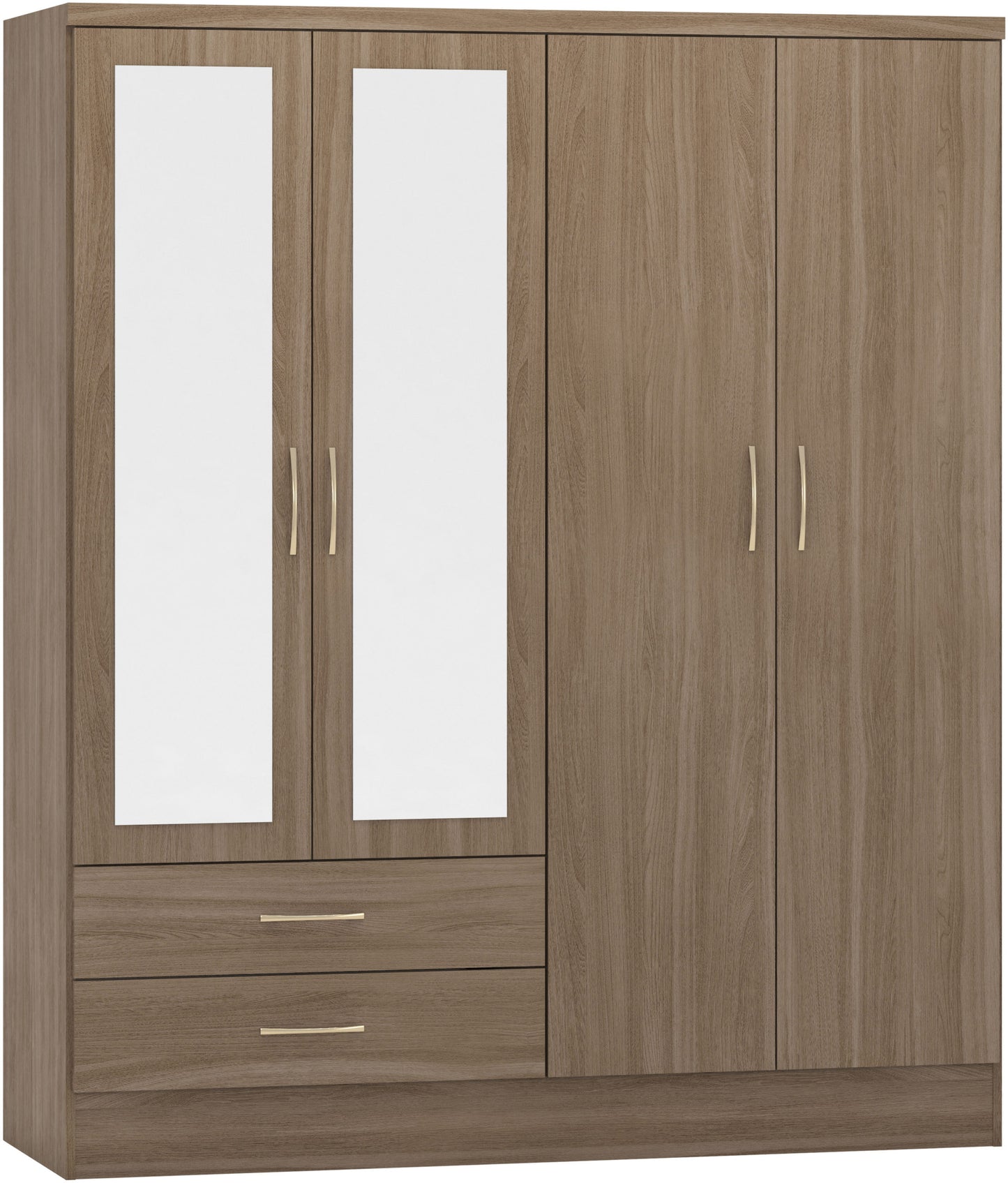 NEVADA 4 DOOR 2 DRAWER MIRRORED WARDROBE - RUSTIC OAK EFFECT