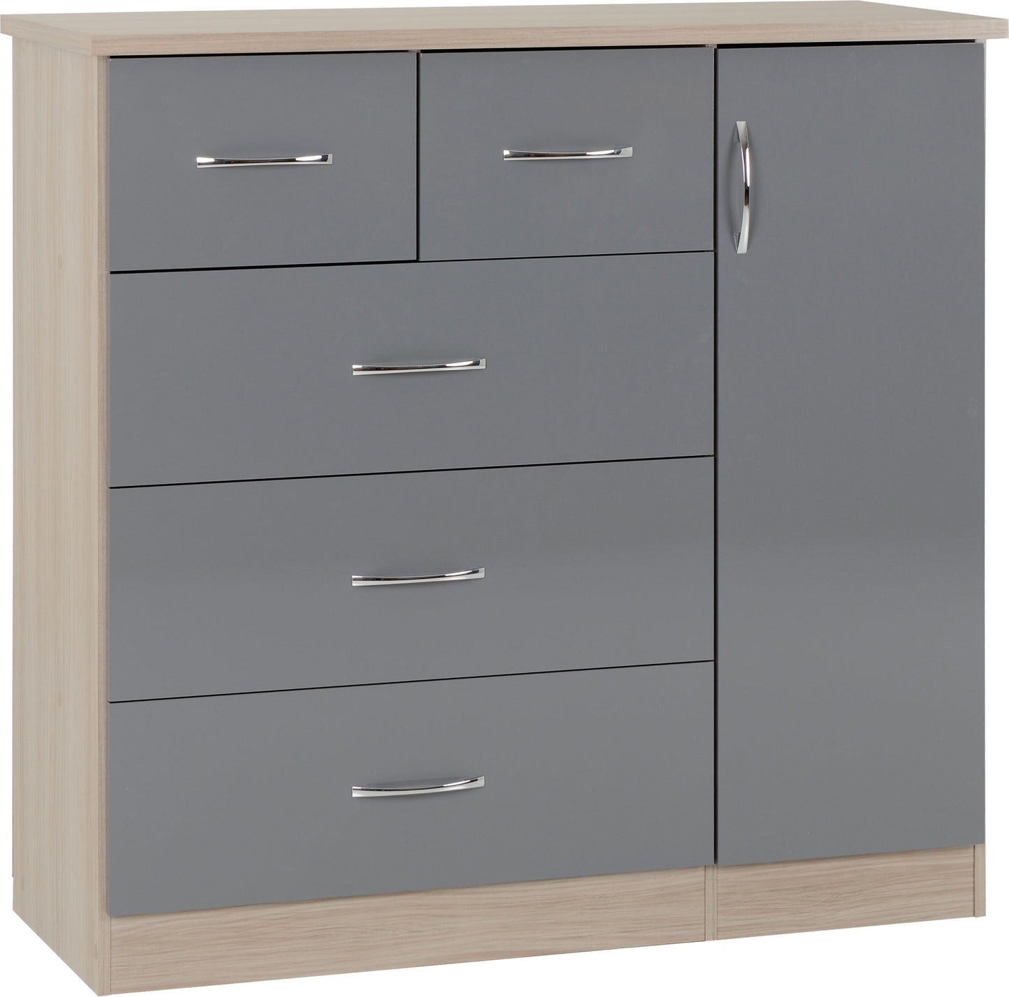 NEVADA 5 DRAWER LOW WARDROBE - GREY GLOSS/LIGHT OAK EFFECT VENEER