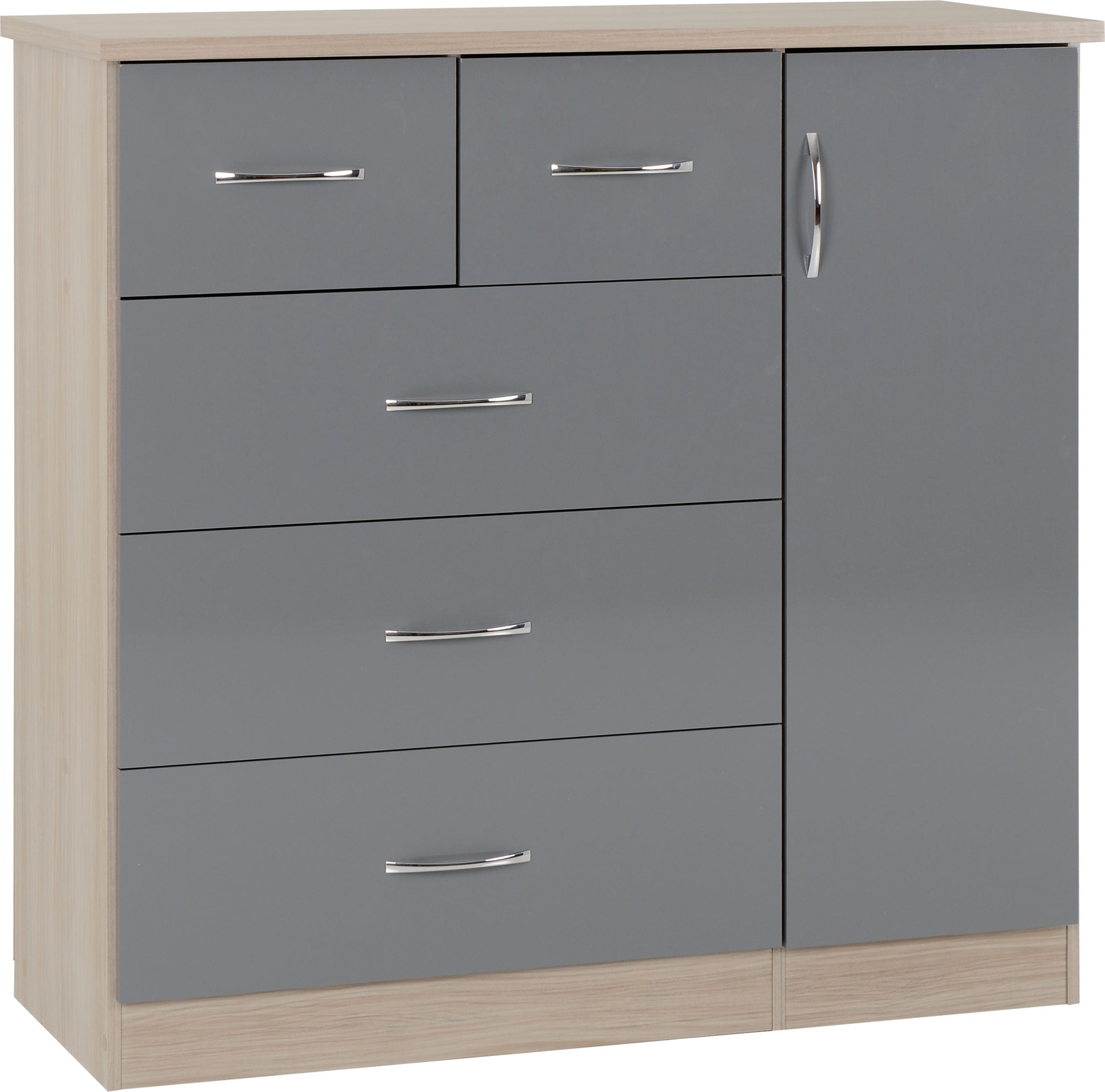 NEVADA 5 DRAWER LOW WARDROBE - GREY GLOSS/LIGHT OAK EFFECT VENEER