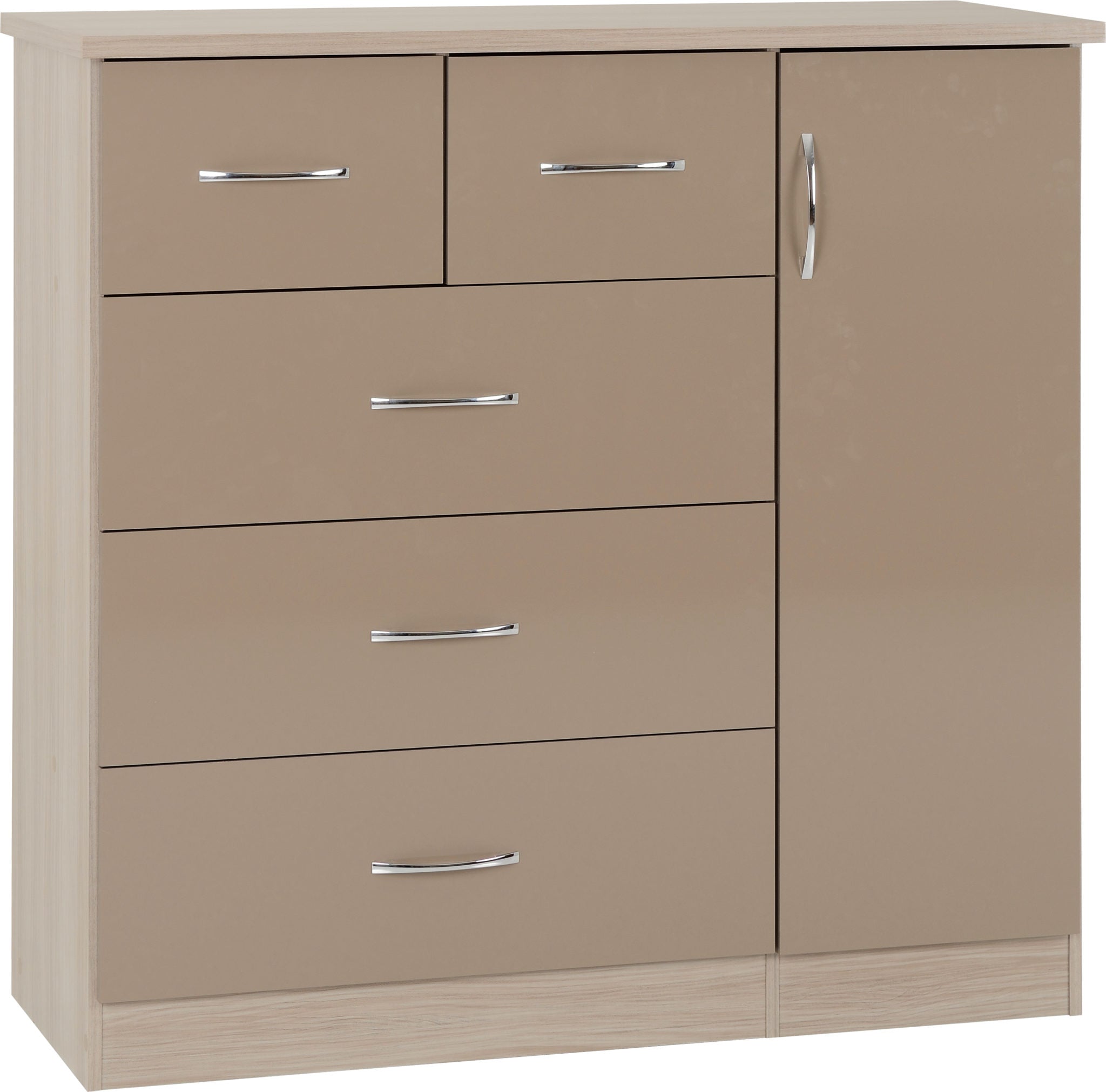 NEVADA 5 DRAWER LOW WARDROBE - OYSTER GLOSS/LIGHT OAK EFFECT VENEER