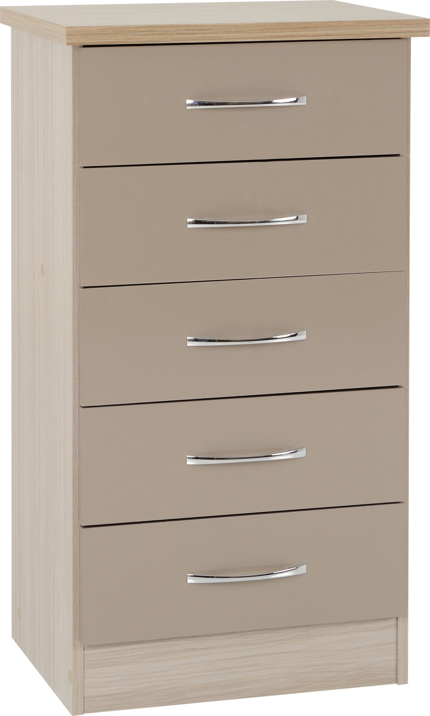 NEVADA 5 DRAWER NARROW CHEST - OYSTER GLOSS/LIGHT OAK EFFECT VENEER