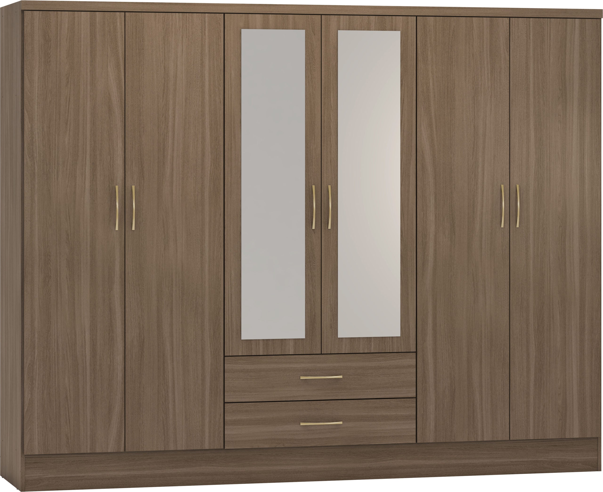 NEVADA 6 DOOR 2 DRAWER MIRRORED WARDROBE - RUSTIC OAK EFFECT