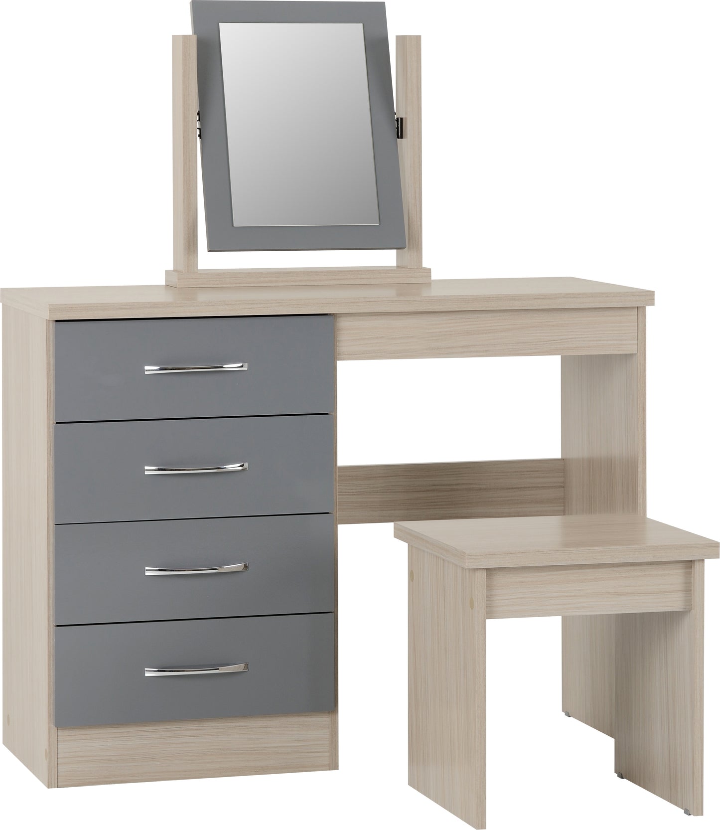 NEVADA 4 DRAWER DRESSING TABLE SET - GREY GLOSS/LIGHT OAK EFFECT VENEER