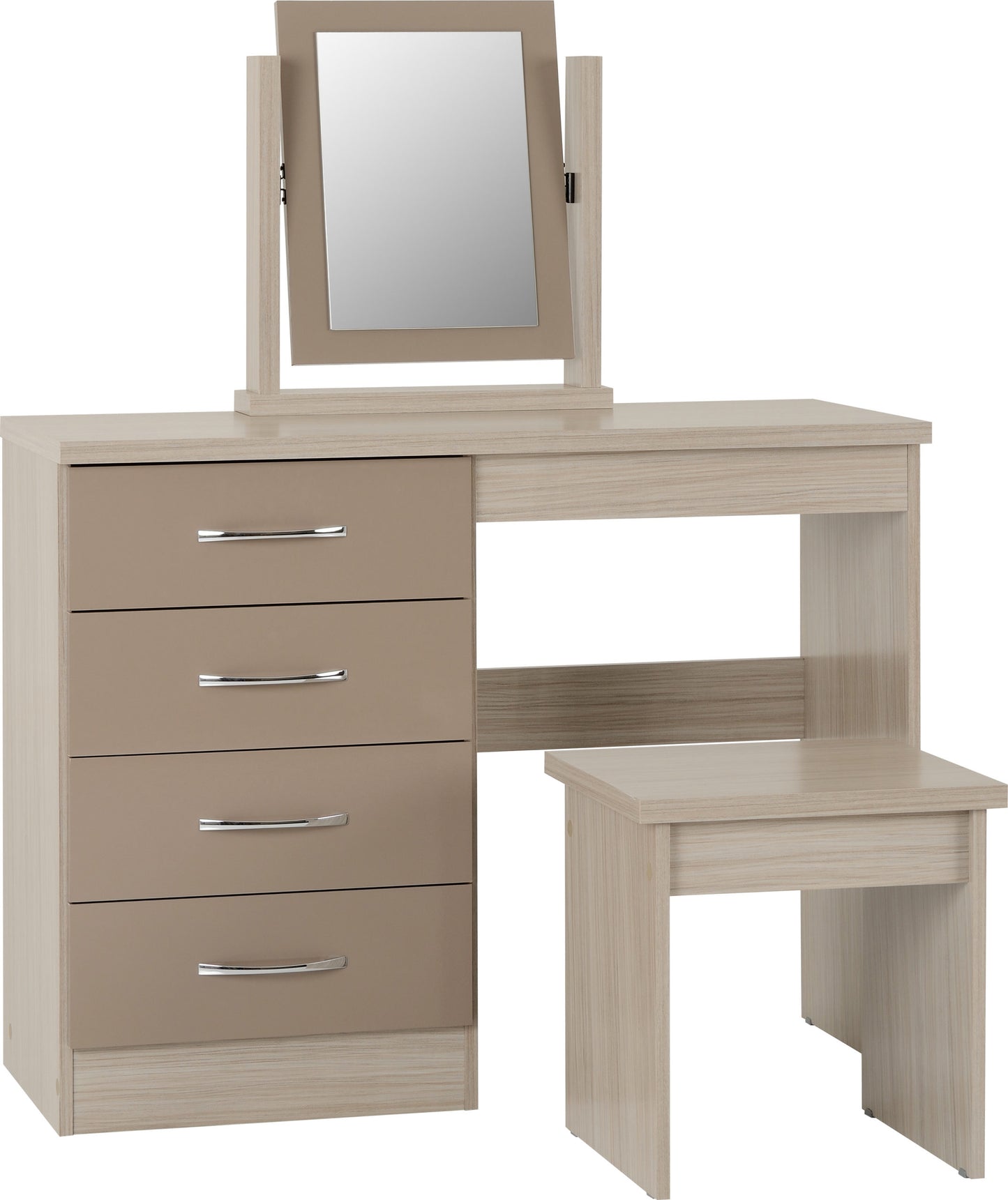 NEVADA 4 DRAWER DRESSING TABLE SET - OYSTER GLOSS/LIGHT OAK EFFECT VENEER