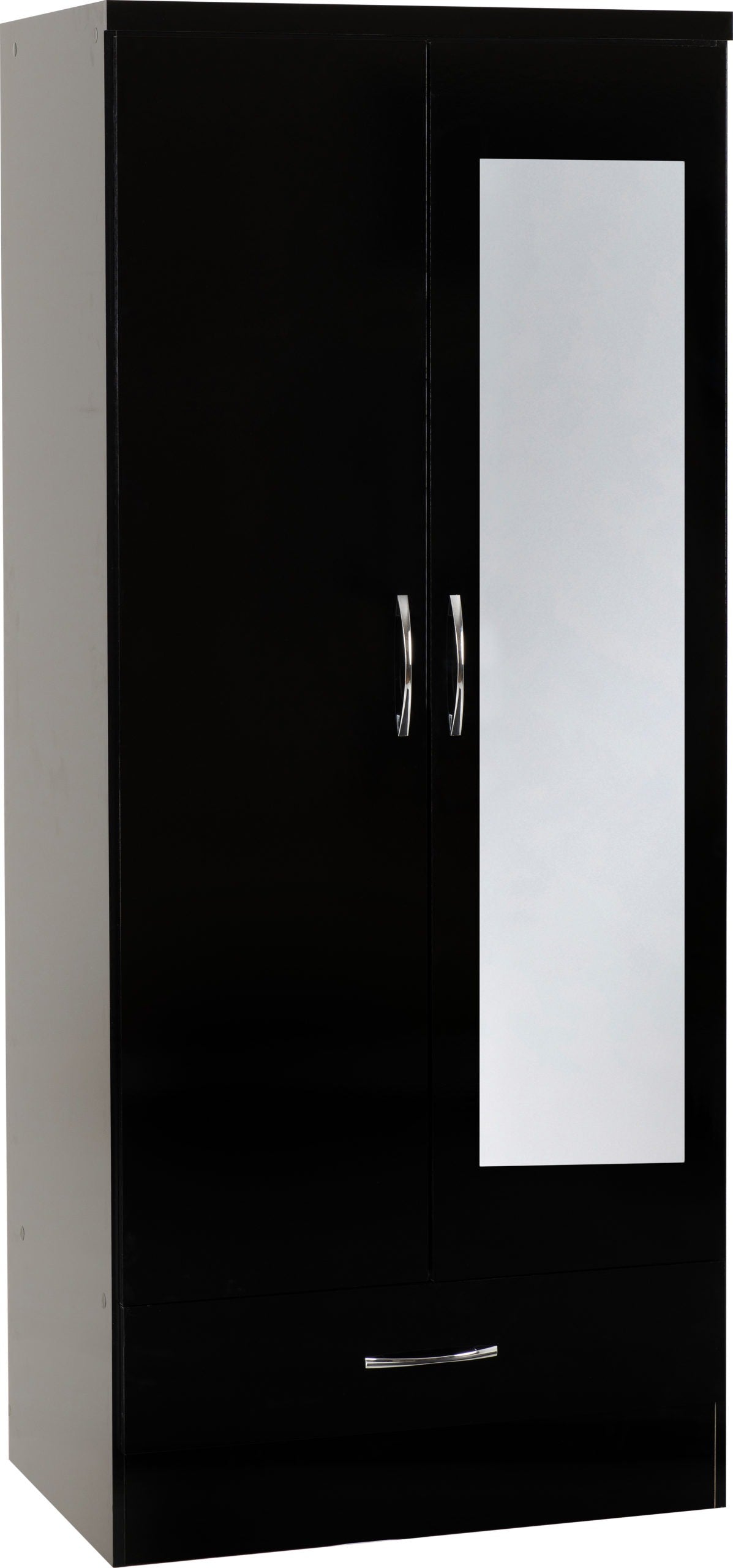 NEVADA MIRRORED 2 DOOR 1 DRAWER WARDROBE - BLACK GLOSS