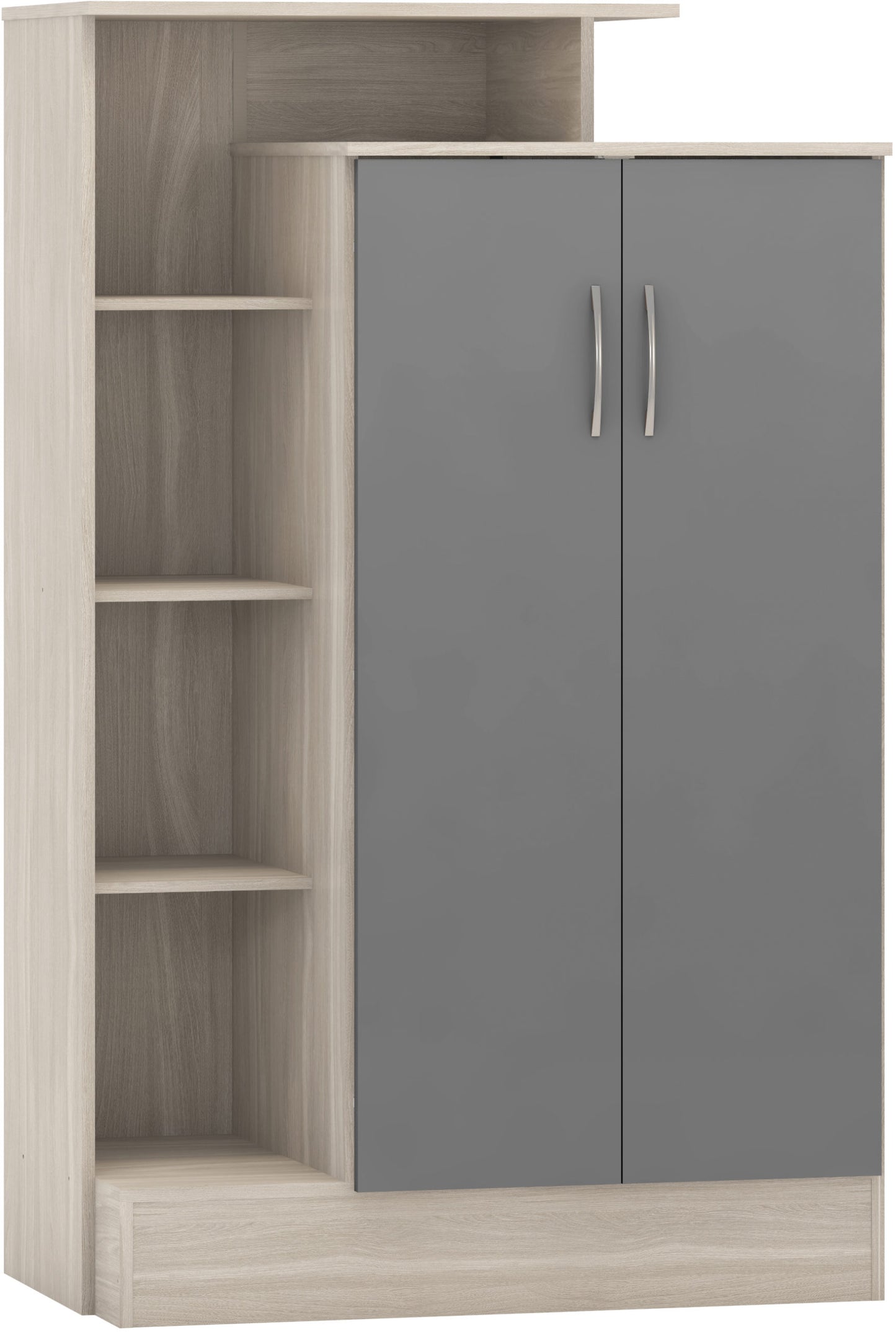 NEVADA PETITE OPEN SHELF WARDROBE - GREY GLOSS/LIGHT OAK EFFECT VENEER