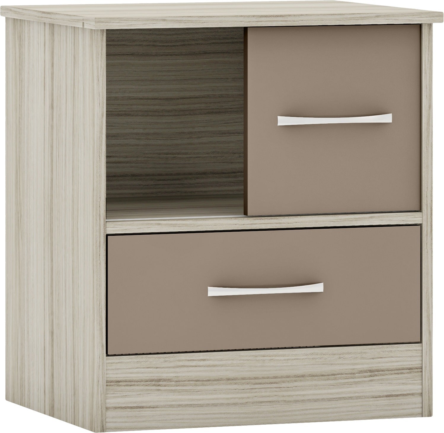 NEVADA SLIDING DOOR BEDSIDE - OYSTER GLOSS/LIGHT OAK EFFECT VENEER