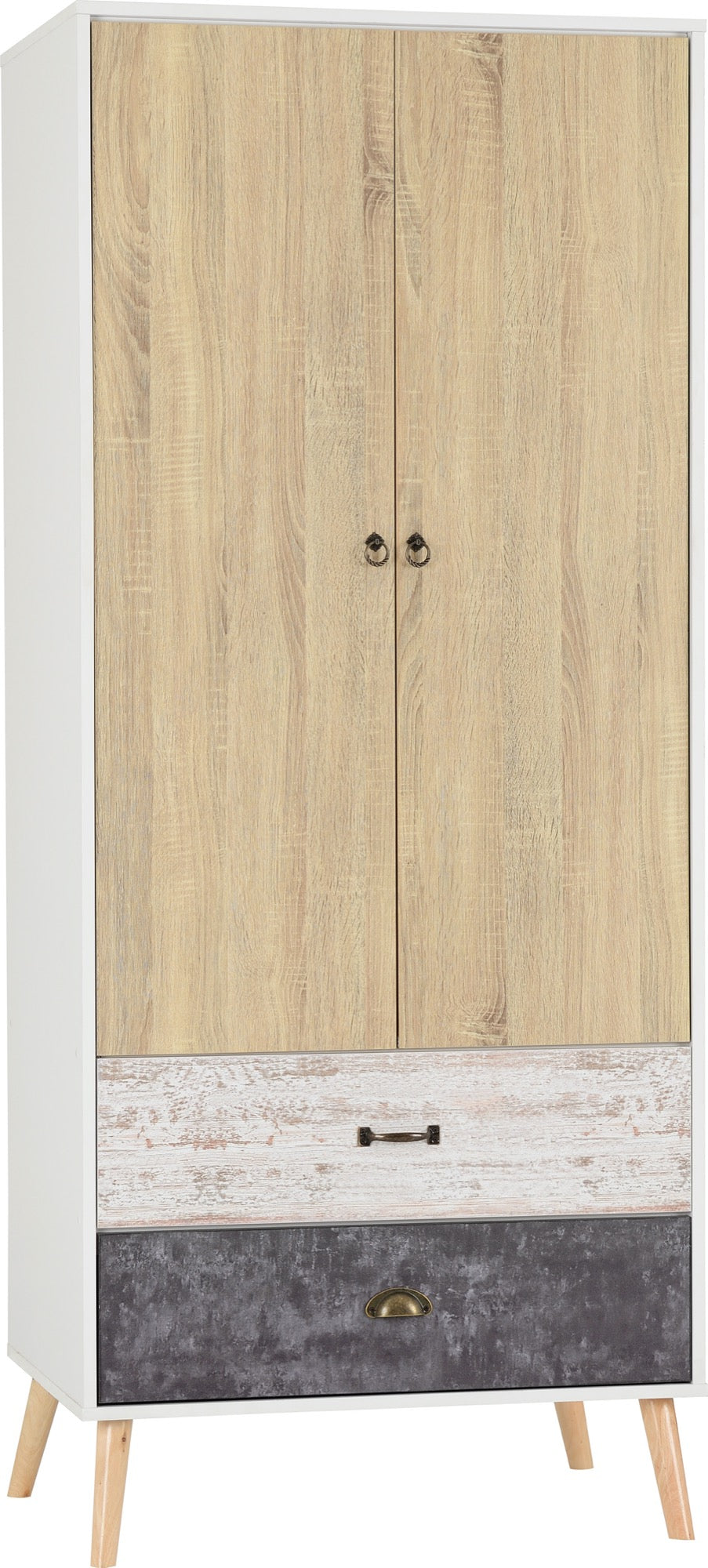 NORDIC 2 DOOR 2 DRAWER WARDROBE - WHITE/DISTRESSED EFFECT