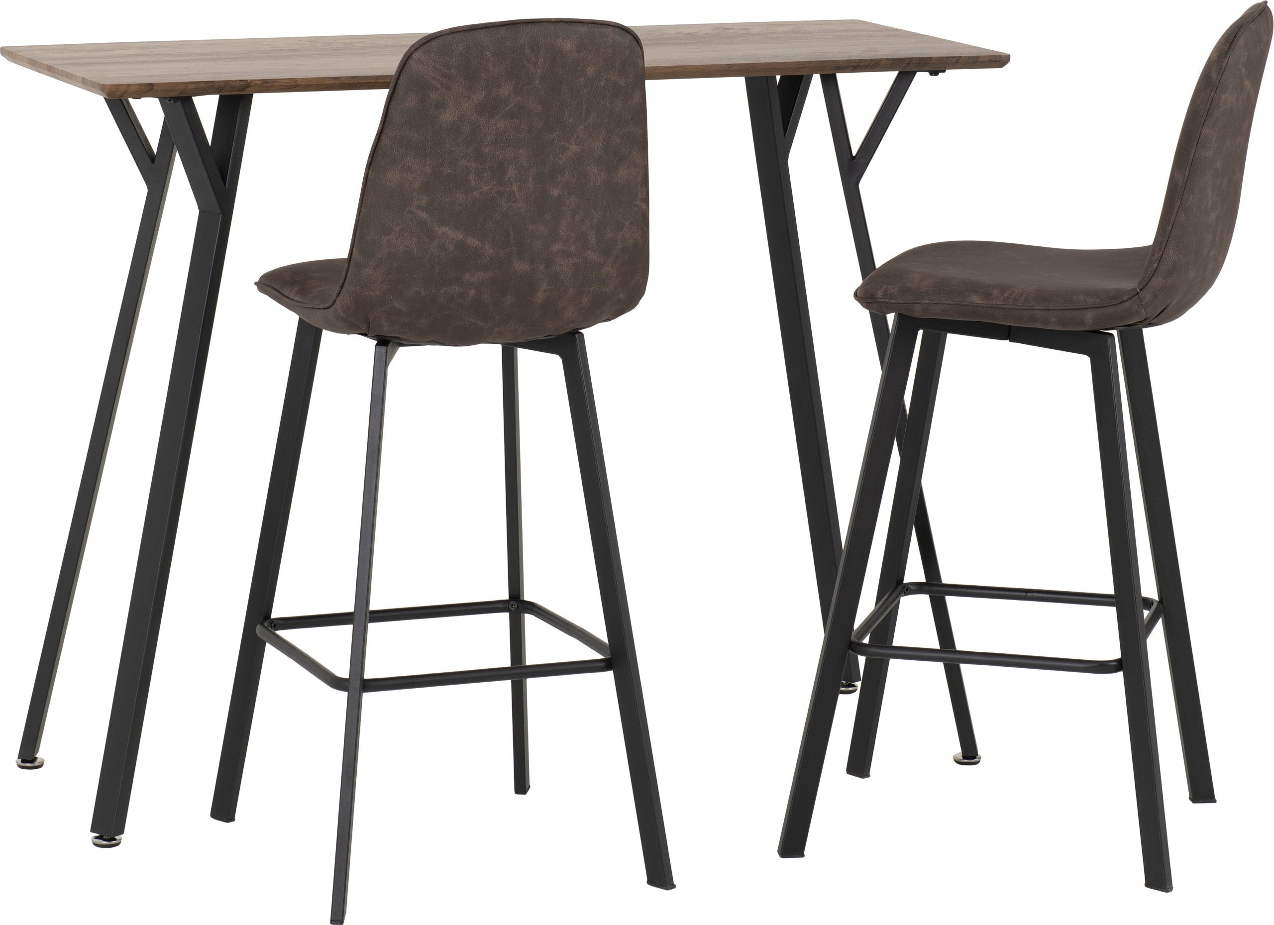 QUEBEC BAR TABLE SET - MEDIUM OAK EFFECT/BROWN FAUX LEATHER