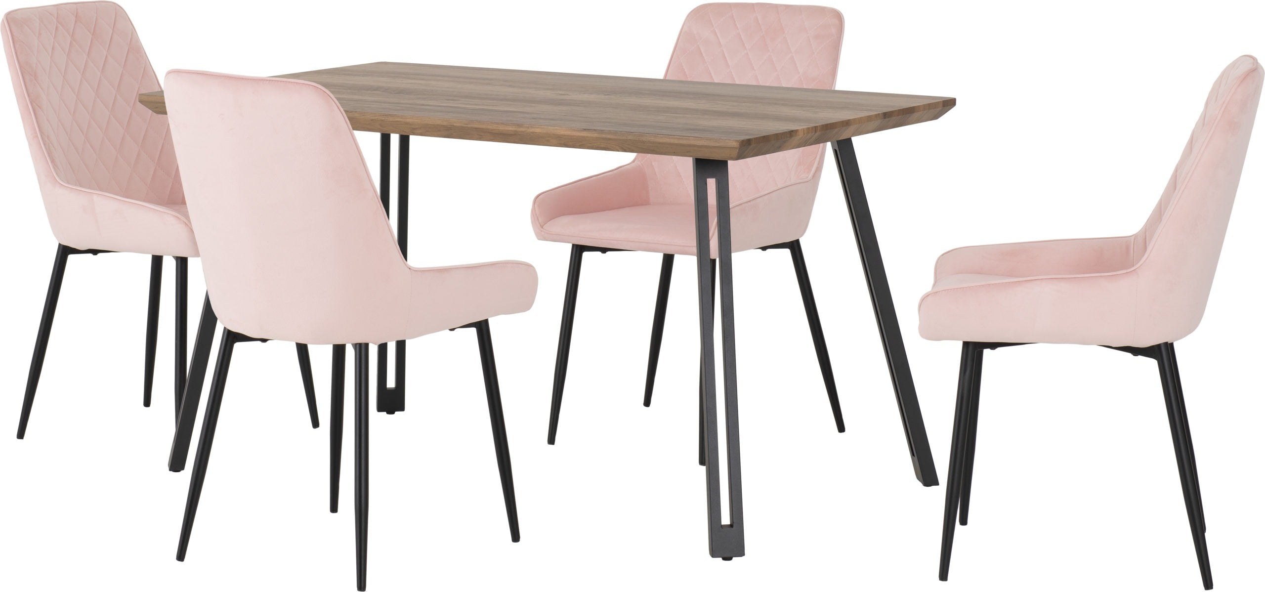 QUEBEC STRAIGHT EDGE DINING SET WITH AVERY CHAIRS - MEDIUM OAK EFFECT/BLACK/BABY PINK VELVET