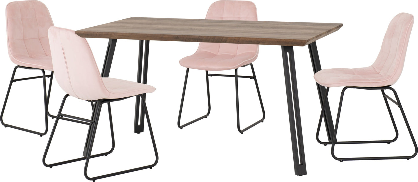 QUEBEC STRAIGHT EDGE DINING SET WITH LUKAS CHAIRS - MEDIUM OAK EFFECT/BLACK/BABY PINK VELVET