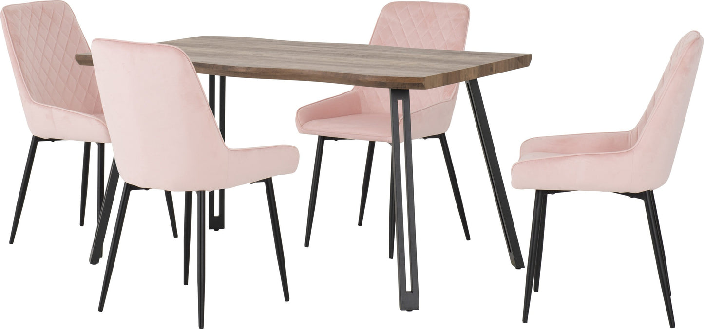 QUEBEC WAVE EDGE DINING SET WITH AVERY CHAIRS - MEDIUM OAK EFFECT/BLACK/BABY PINK VELVET