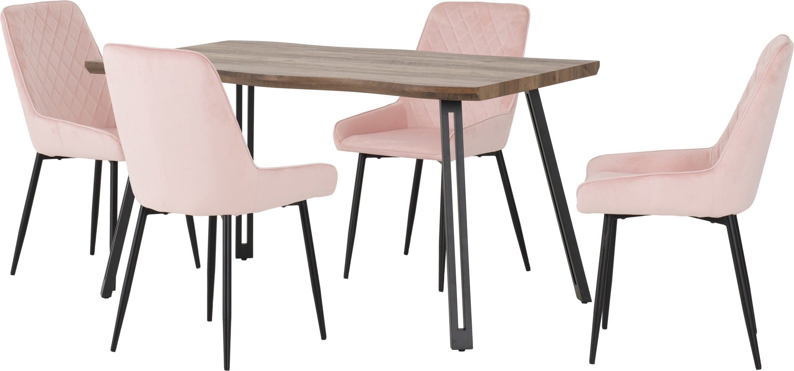 QUEBEC WAVE EDGE DINING SET WITH AVERY CHAIRS - MEDIUM OAK EFFECT/BLACK/BABY PINK VELVET