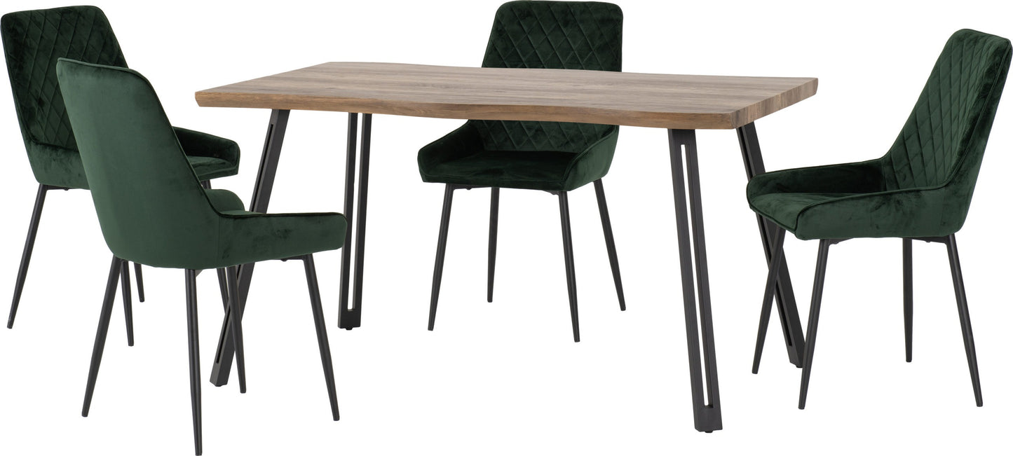 QUEBEC WAVE EDGE DINING SET WITH AVERY CHAIRS - MEDIUM OAK EFFECT/BLACK/EMERALD GREEN VELVET