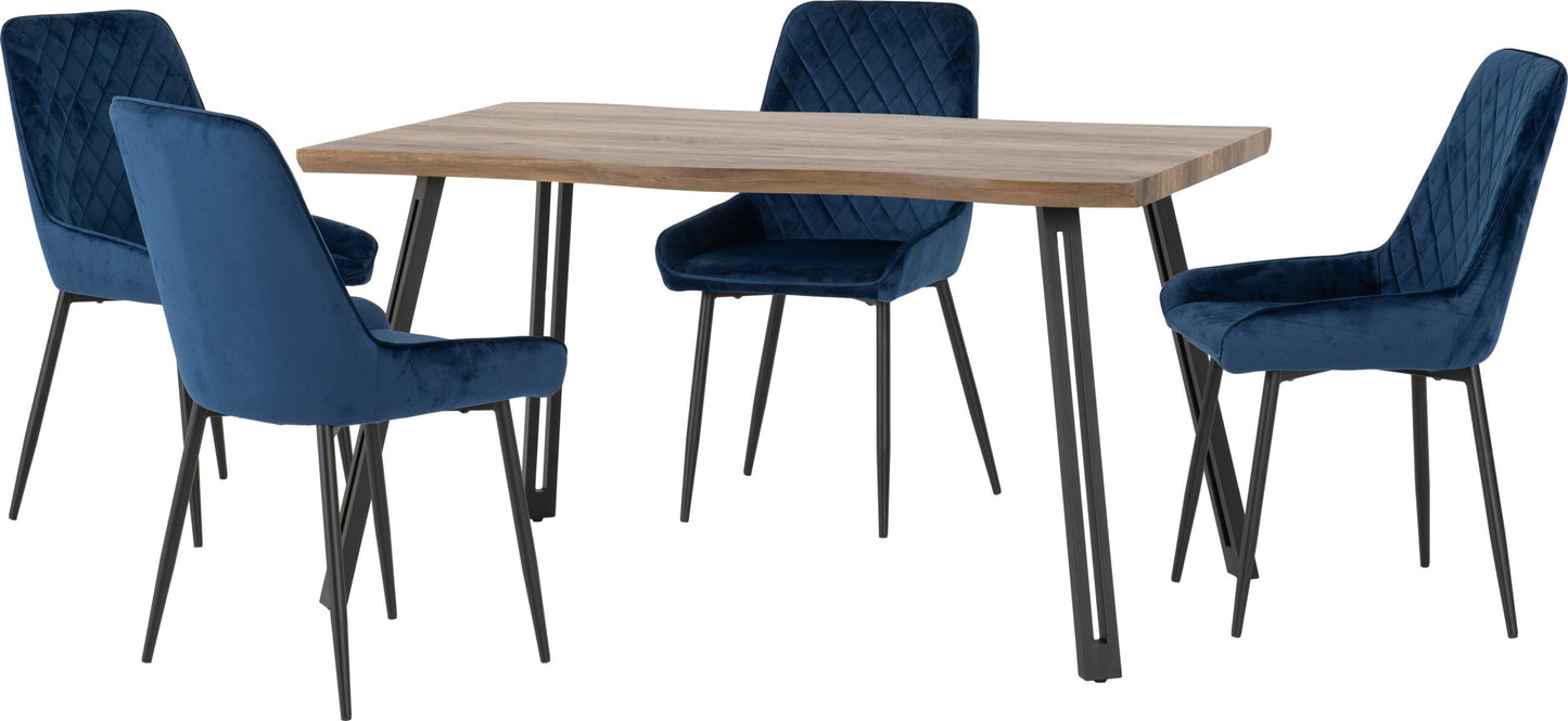 QUEBEC WAVE EDGE DINING SET WITH AVERY CHAIRS - MEDIUM OAK EFFECT/BLACK/SAPPHIRE BLUE VELVET