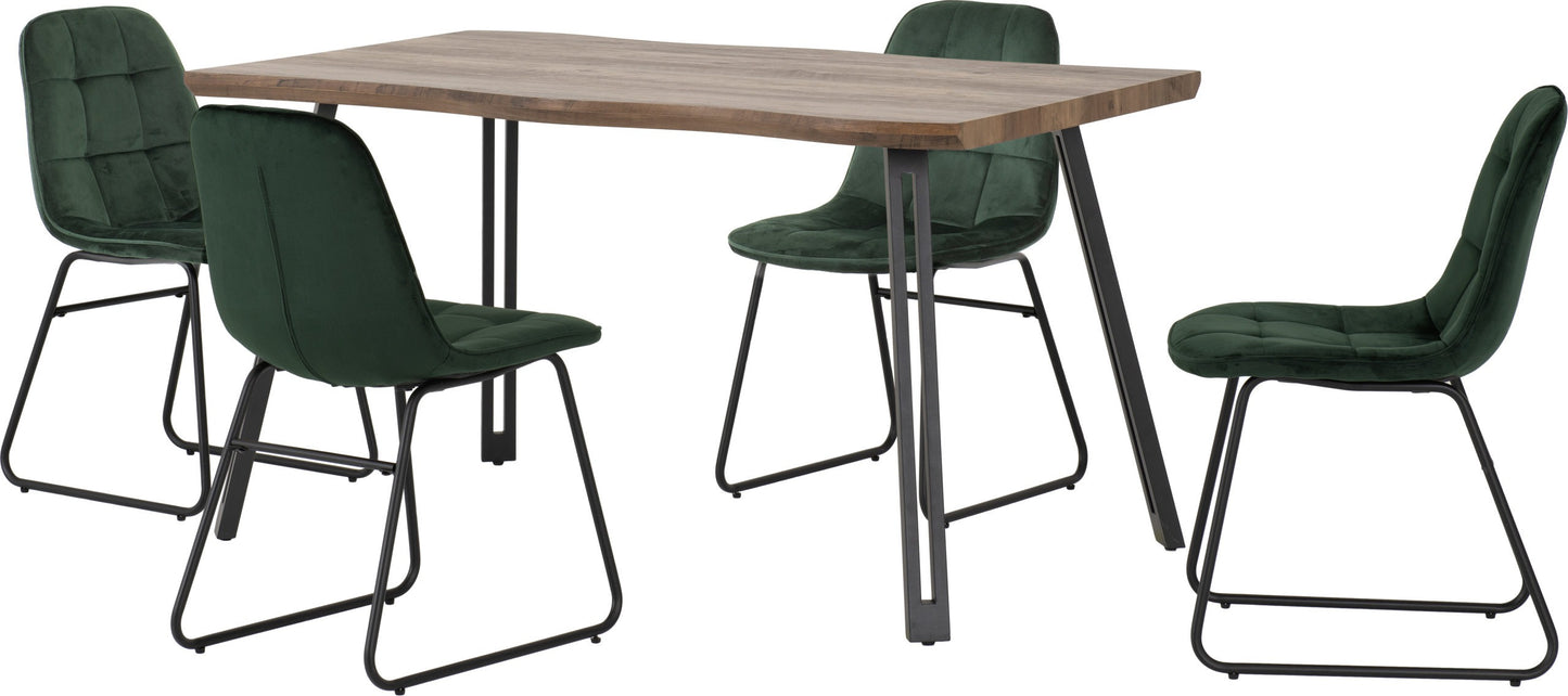 QUEBEC WAVE EDGE DINING SET WITH LUKAS CHAIRS - MEDIUM OAK EFFECT/BLACK/EMERALD GREEN VELVET