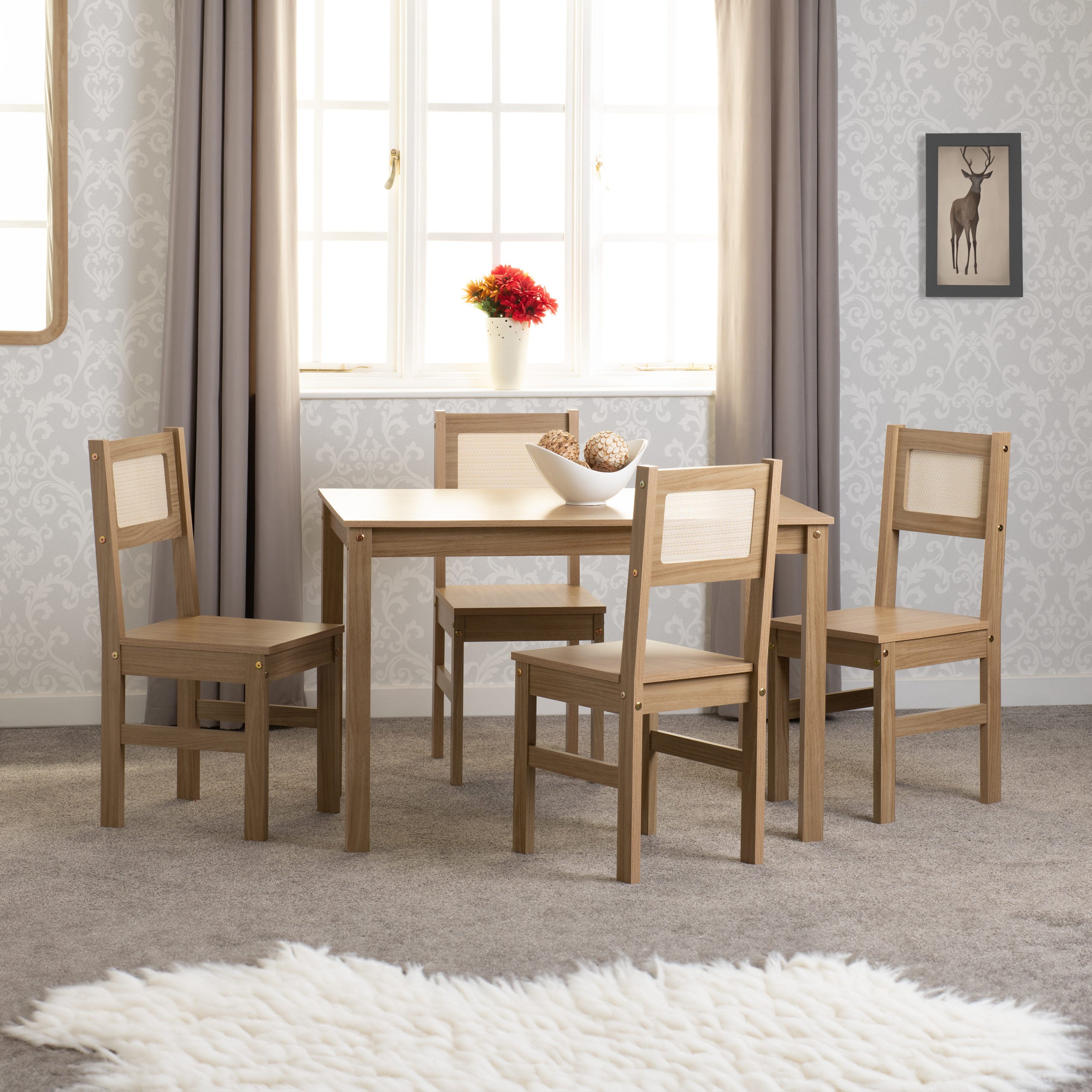 SANTANA 1+4 DINING SET  - LIGHT OAK/RATTAN EFFECT