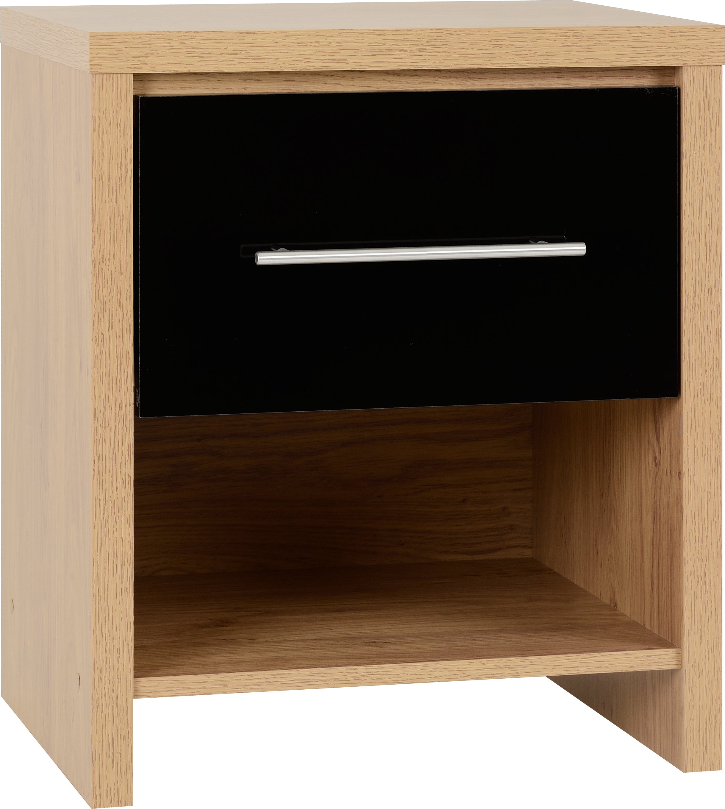 SEVILLE 1 DRAWER BEDSIDE - BLACK HIGH GLOSS/LIGHT OAK EFFECT VENEER