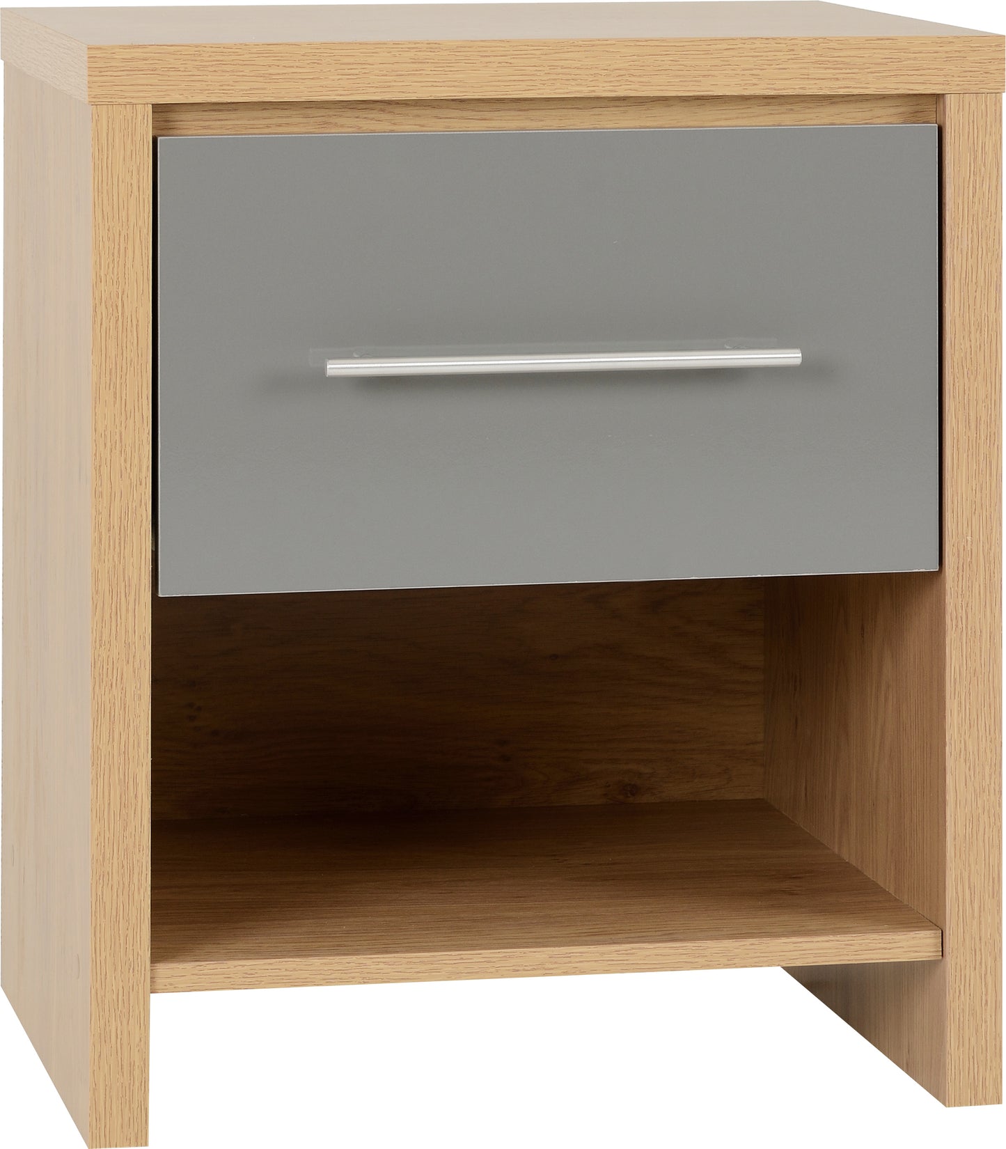 SEVILLE 1 DRAWER BEDSIDE - GREY HIGH GLOSS/LIGHT OAK EFFECT VENEER