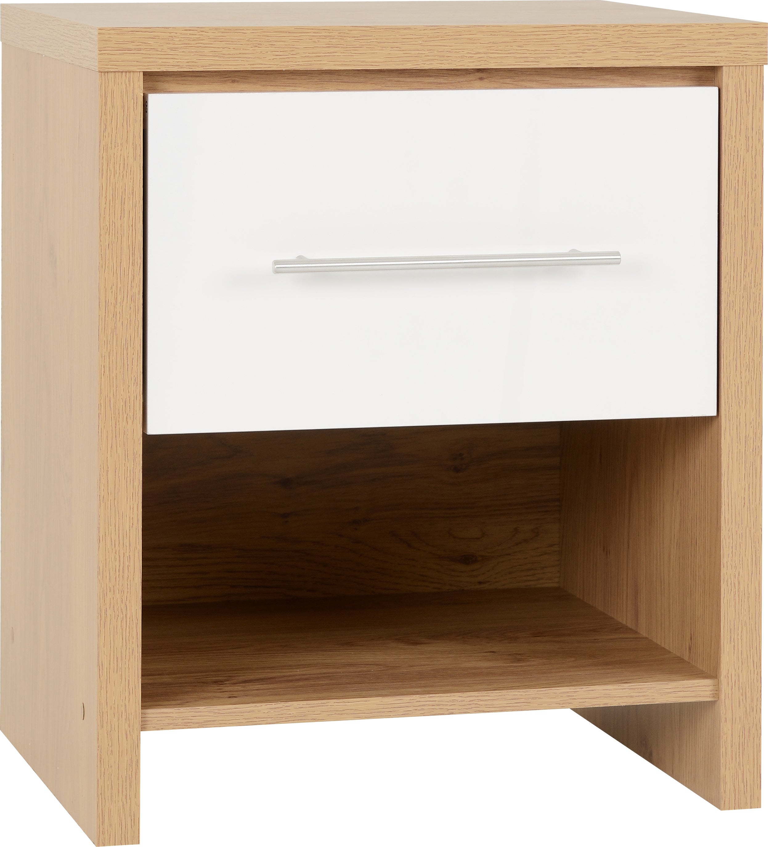 SEVILLE 1 DRAWER BEDSIDE - WHITE HIGH GLOSS/LIGHT OAK EFFECT VENEER