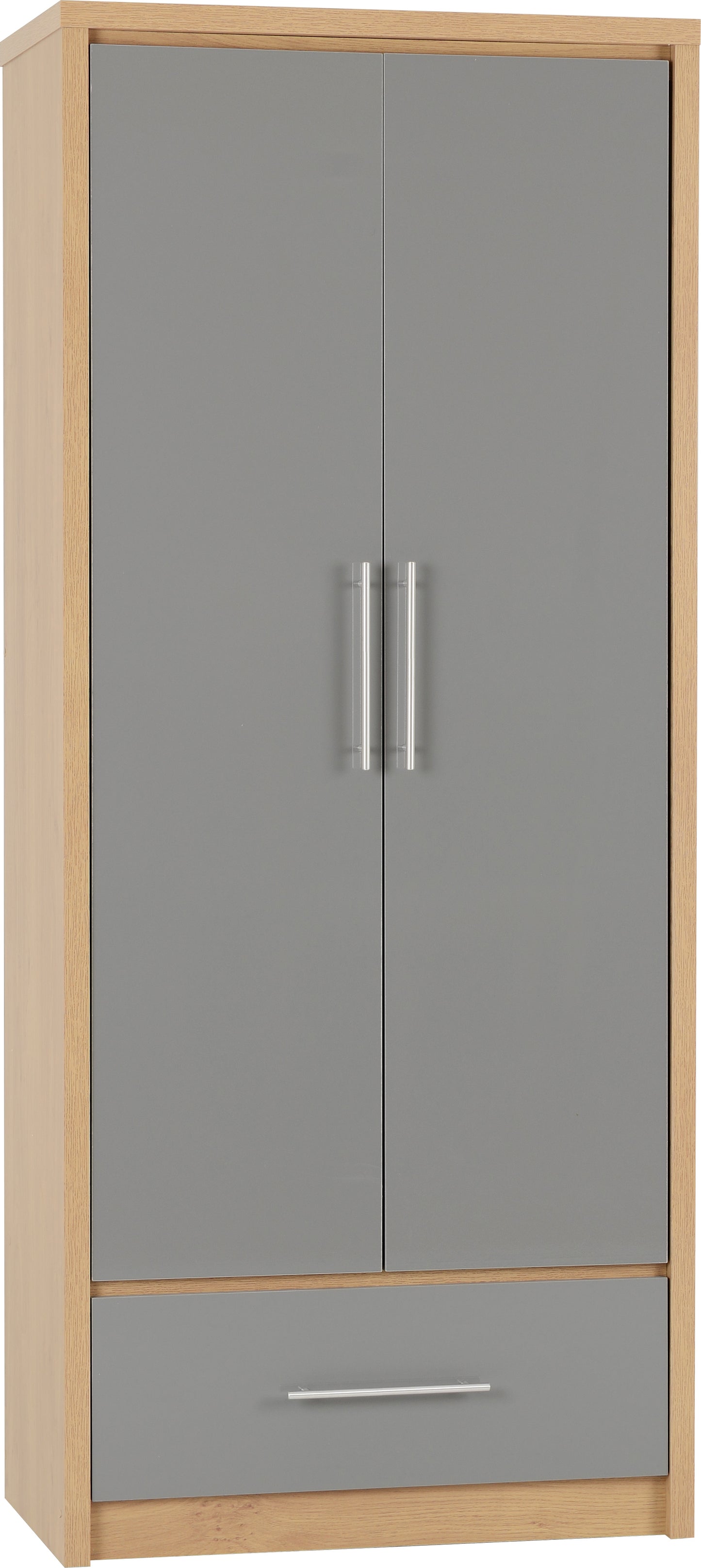 SEVILLE 2 DOOR 1 DRAWER WARDROBE - GREY HIGH GLOSS/LIGHT OAK EFFECT VENEER