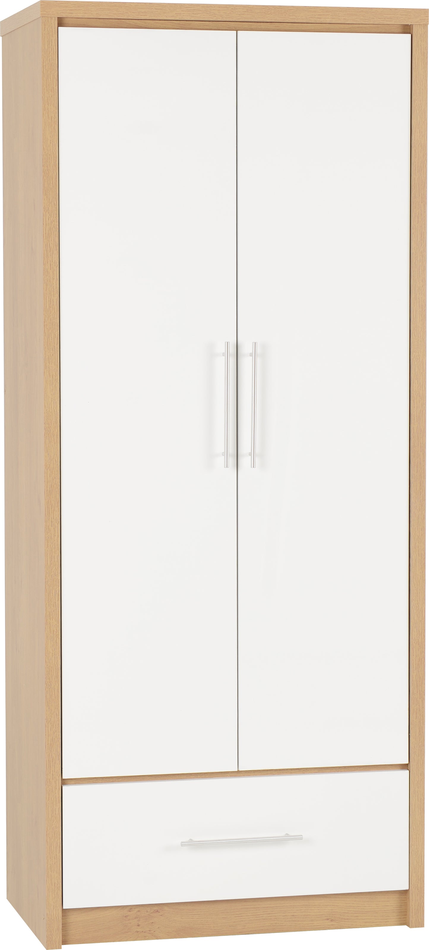 SEVILLE 2 DOOR 1 DRAWER WARDROBE - WHITE HIGH GLOSS/LIGHT OAK EFFECT VENEER