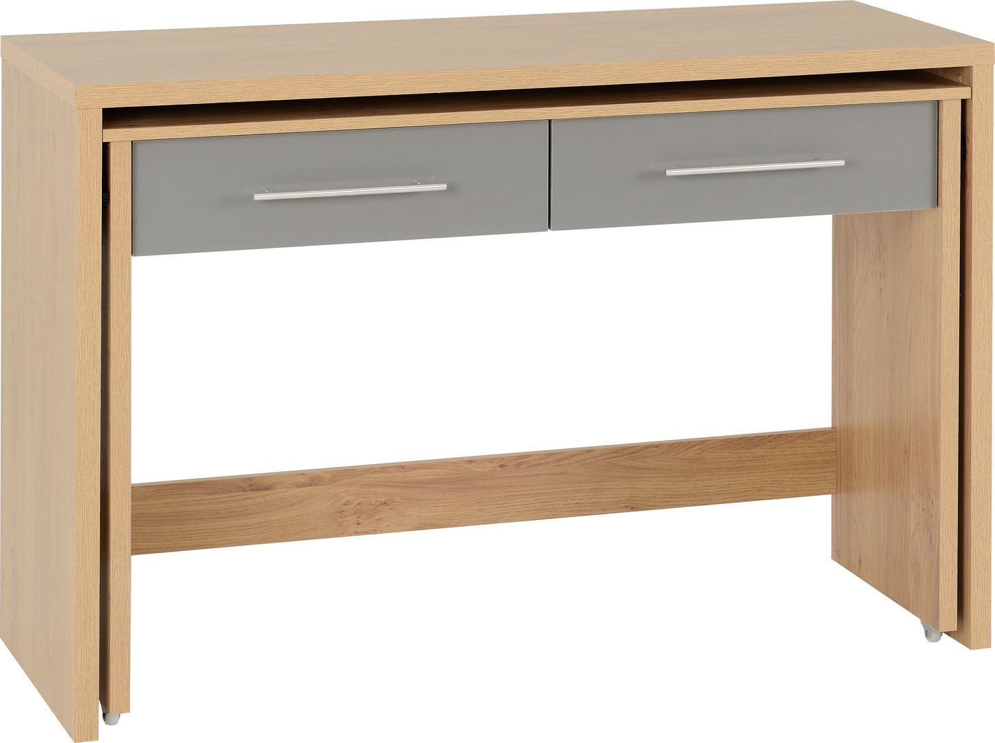 SEVILLE 2 DRAWER SLIDER DESK - GREY HIGH GLOSS/LIGHT OAK EFFECT VENEER