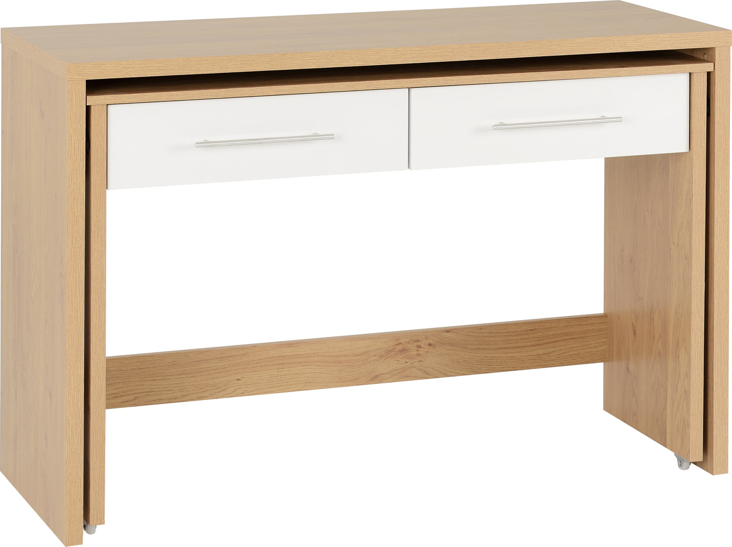 SEVILLE 2 DRAWER SLIDER DESK - WHITE HIGH GLOSS/LIGHT OAK EFFECT VENEER