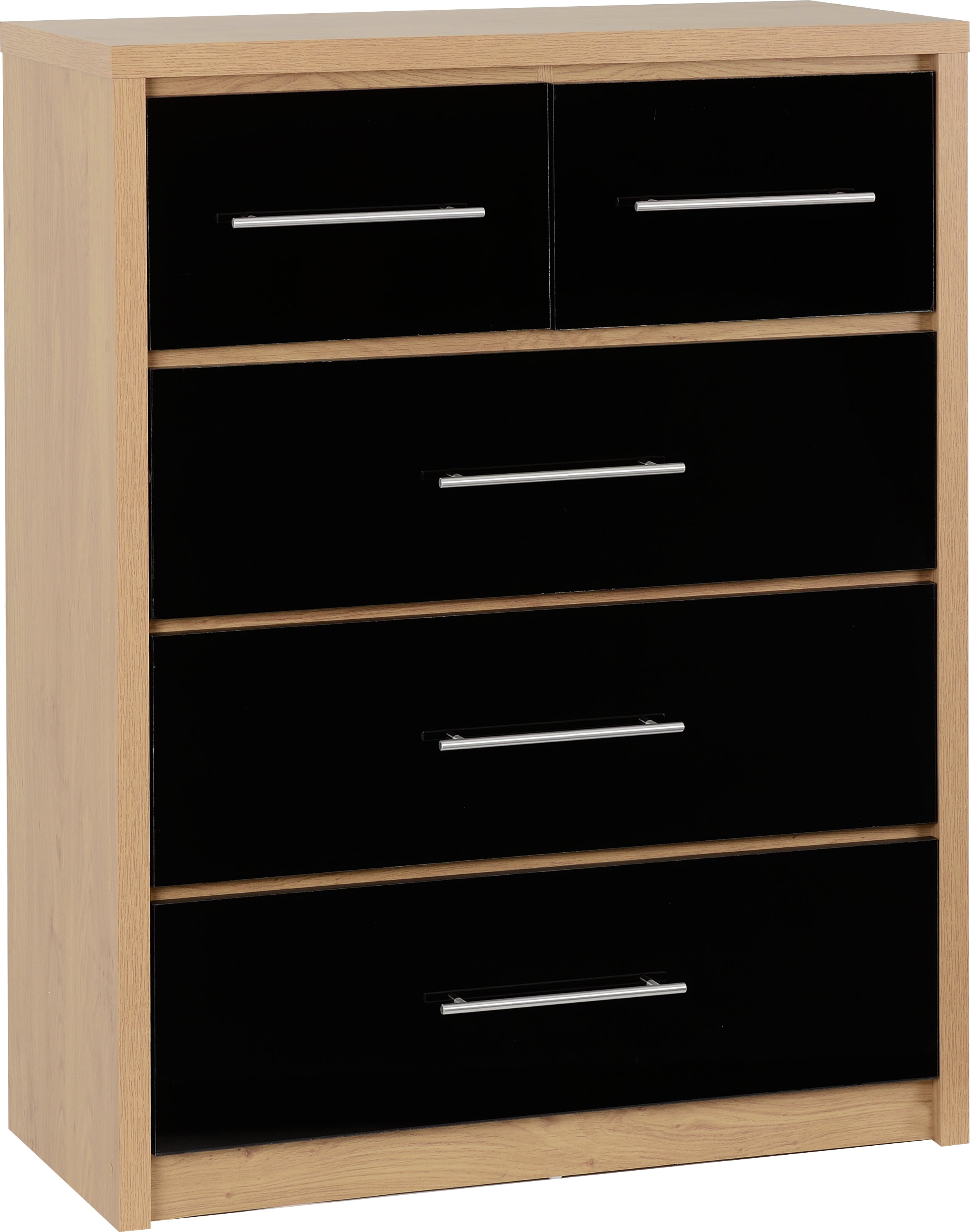 SEVILLE 3+2 DRAWER CHEST - BLACK HIGH GLOSS/LIGHT OAK EFFECT VENEER