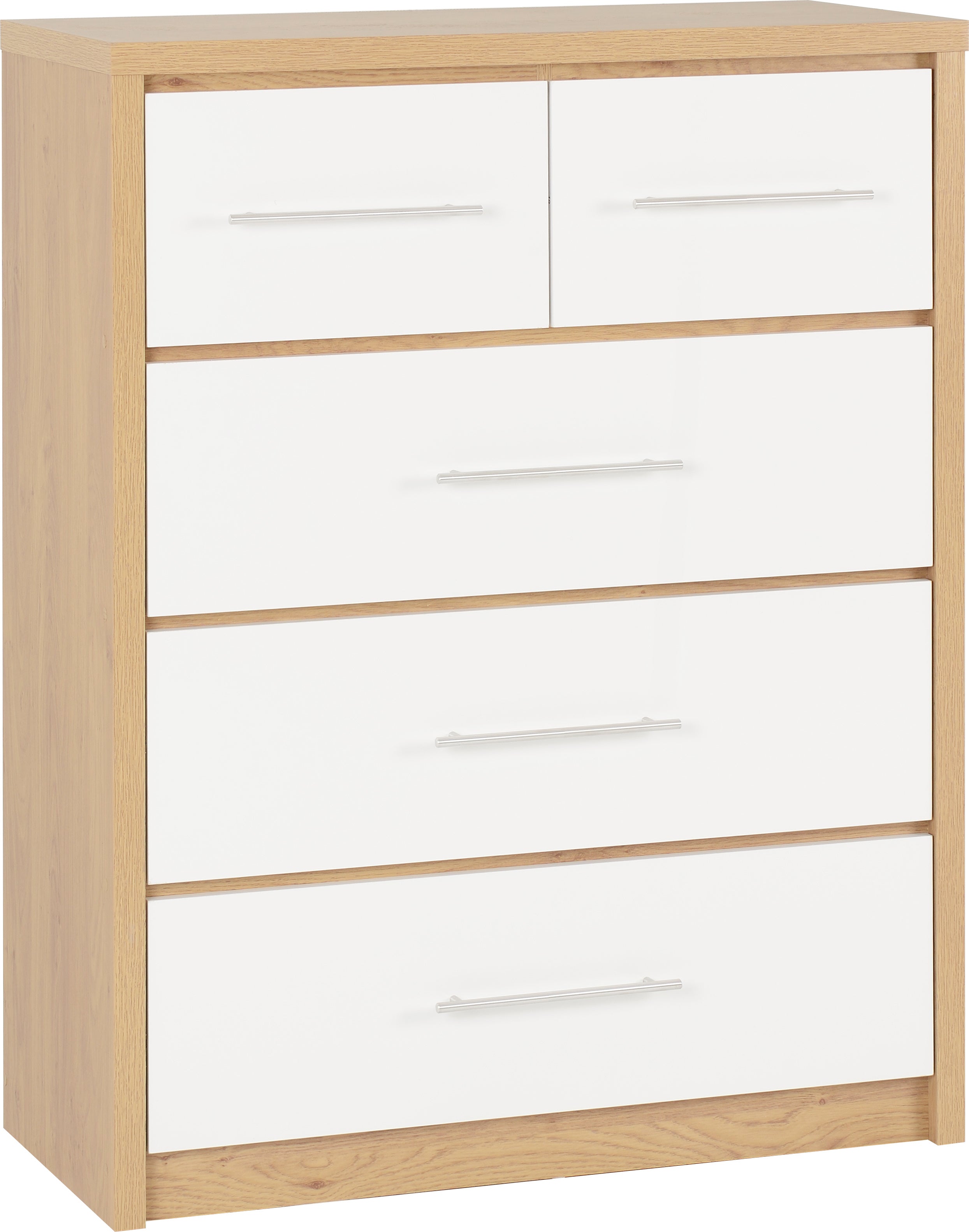 SEVILLE 3+2 DRAWER CHEST - WHITE HIGH GLOSS/LIGHT OAK EFFECT VENEER