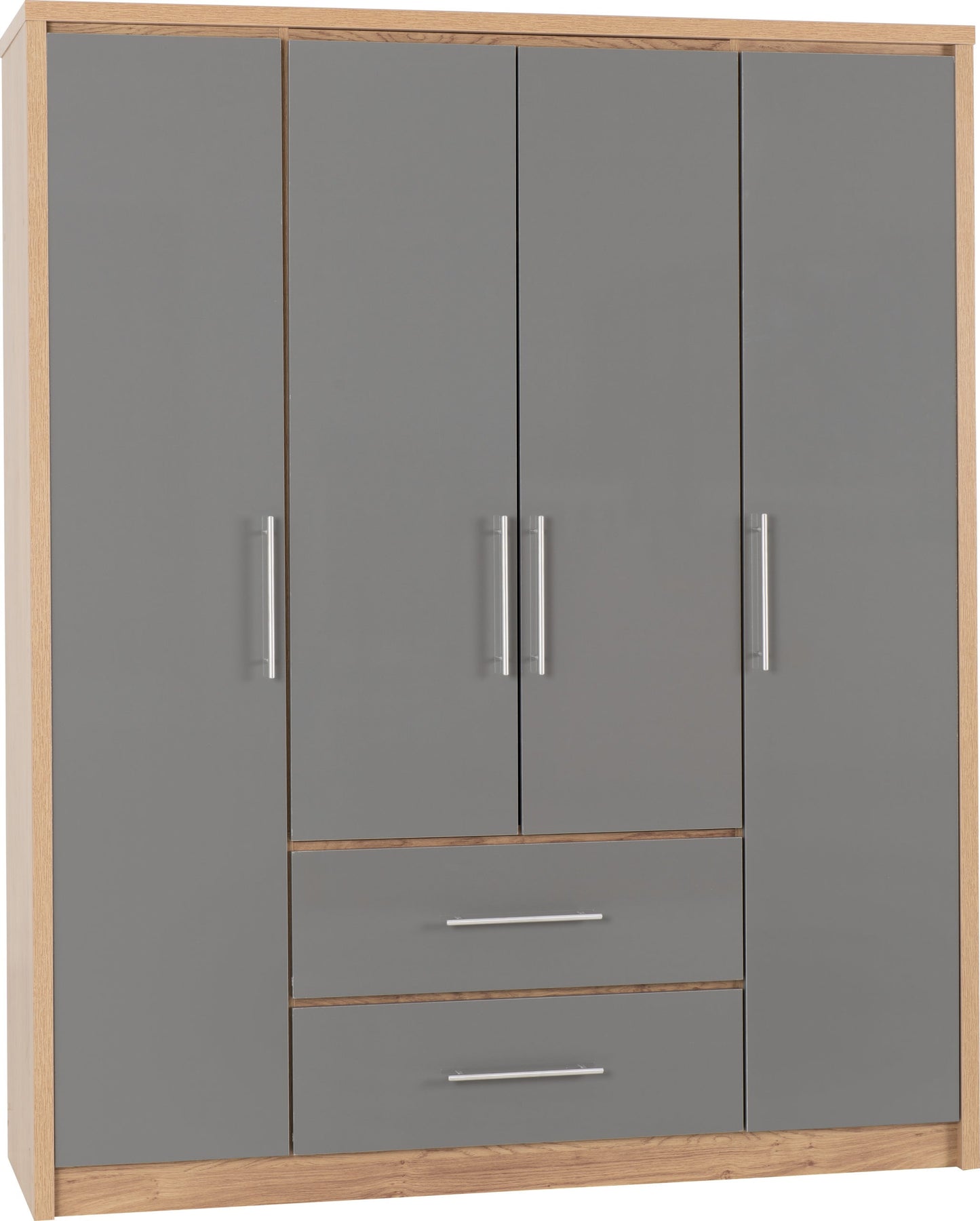 SEVILLE 4 DOOR 2 DRAWER WARDROBE - GREY HIGH GLOSS/LIGHT OAK EFFECT VENEER