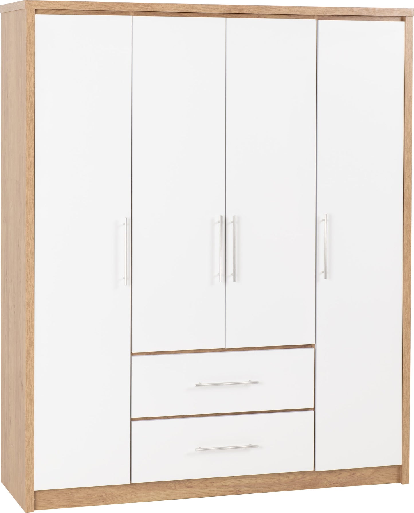 SEVILLE 4 DOOR 2 DRAWER WARDROBE - WHITE HIGH GLOSS/LIGHT OAK EFFECT VENEER