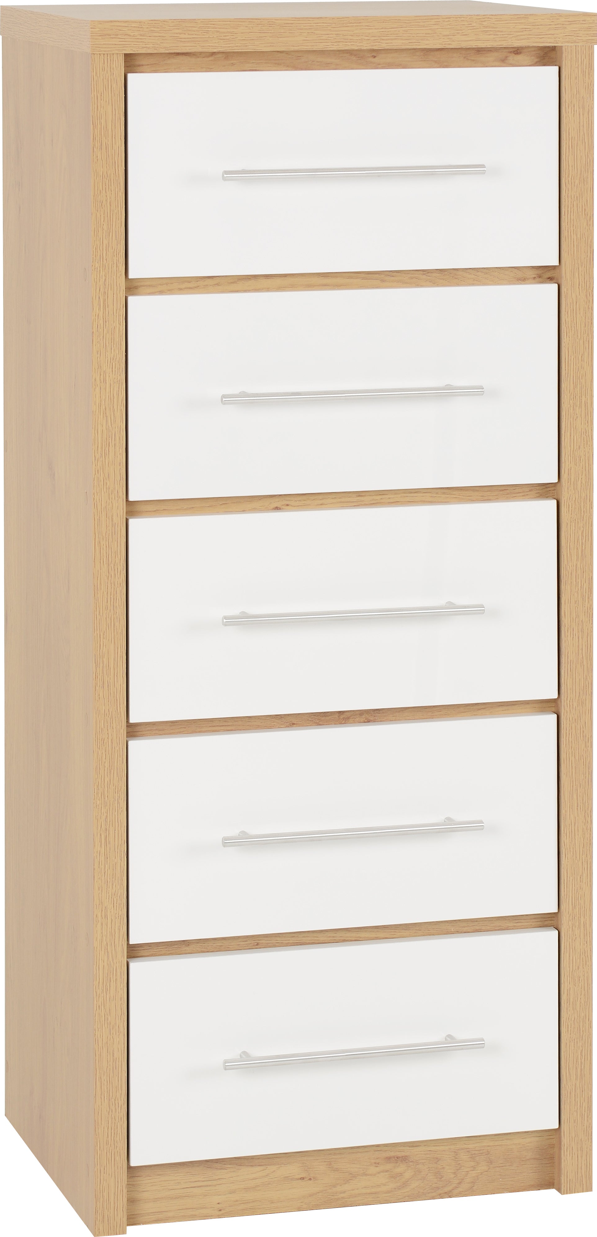 SEVILLE 5 DRAWER NARROW CHEST - WHITE HIGH GLOSS/LIGHT OAK EFFECT VENEER