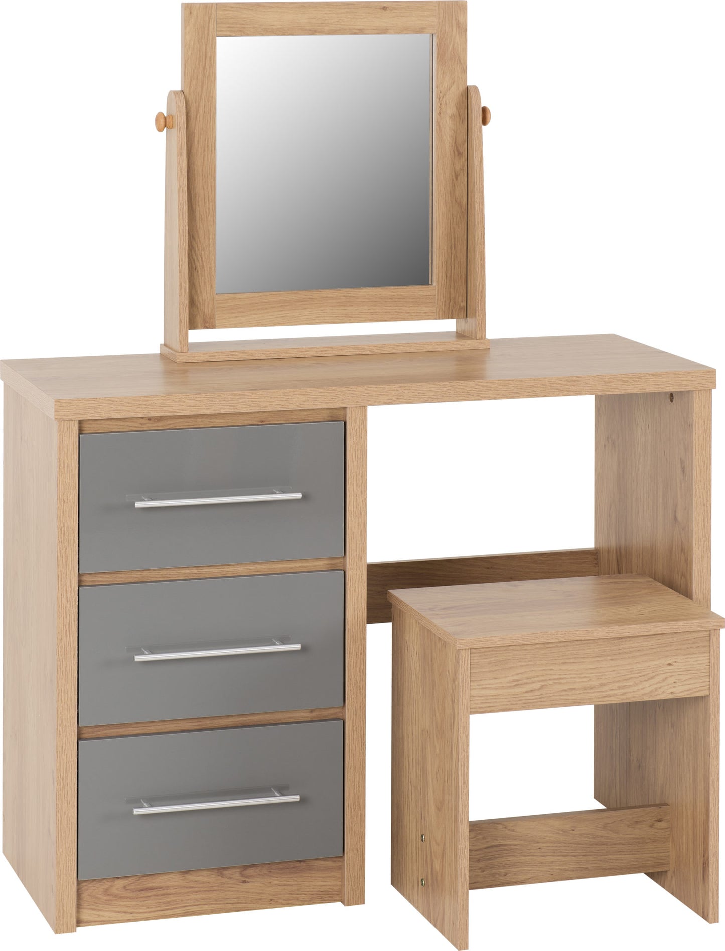 SEVILLE 3 DRAWER DRESSING TABLE SET - GREY HIGH GLOSS/LIGHT OAK EFFECT VENEER