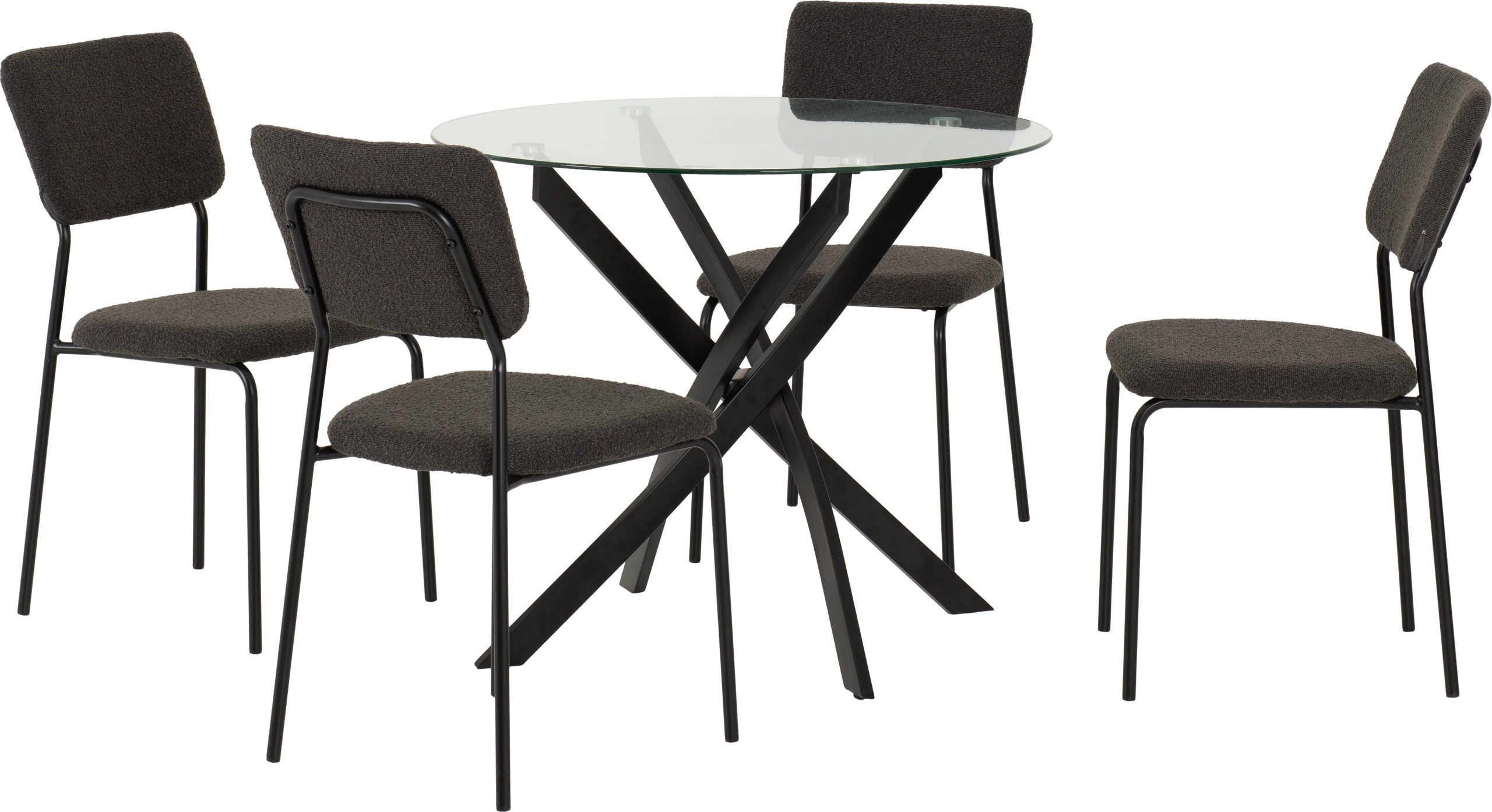 SHELDON ROUND GLASS TOP DINING SET - CLEAR GLASS/BLACK/BURNT ORANGE VELVET FABRIC