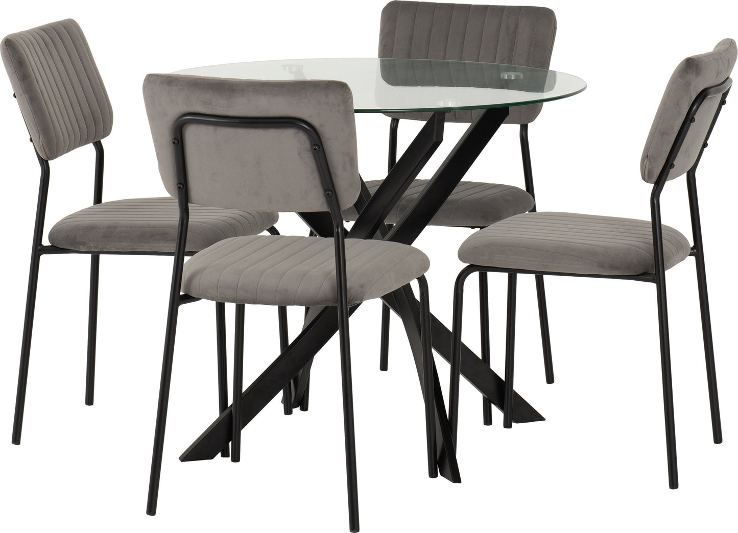 SHELDON ROUND GLASS TOP DINING SET - CLEAR GLASS/BLACK/GREY VELVET FABRIC