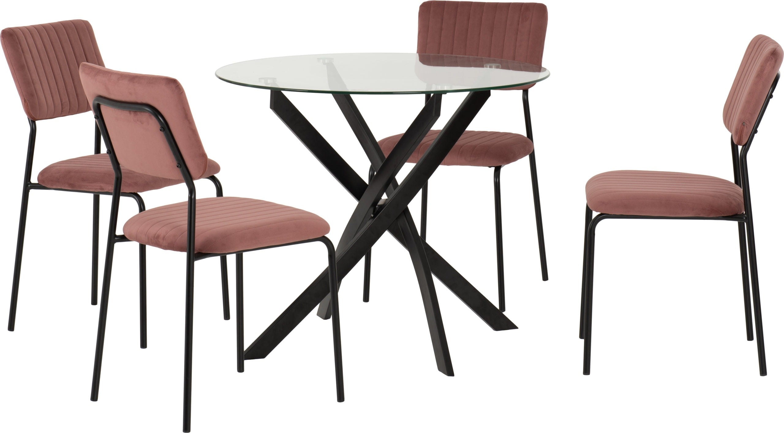 SHELDON ROUND GLASS TOP DINING SET - CLEAR GLASS/BLACK/PINK VELVET FABRIC