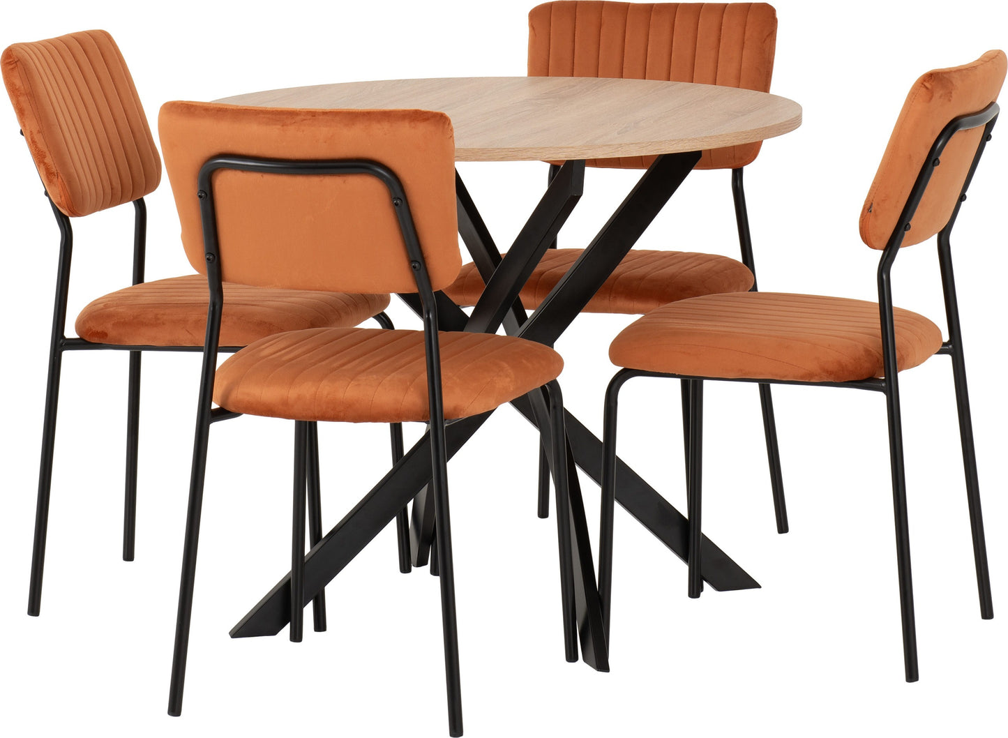 SHELDON ROUND WOODEN TOP DINING SET - SONOMA OAK EFFECT/BLACK/BURNT ORANGE VELVET FABRIC