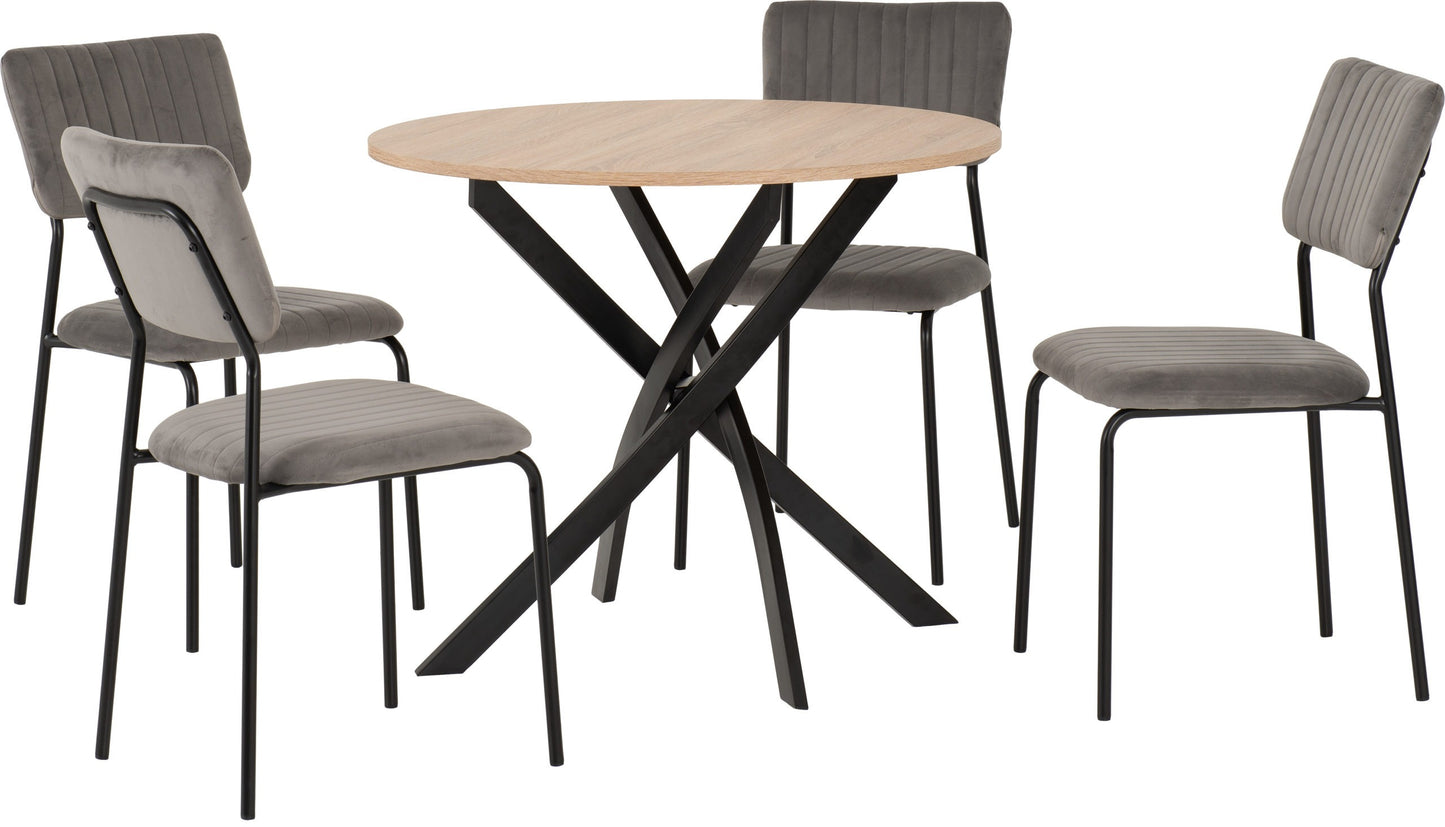 SHELDON ROUND WOODEN TOP DINING SET - SONOMA OAK EFFECT/BLACK/GREY VELVET FABRIC