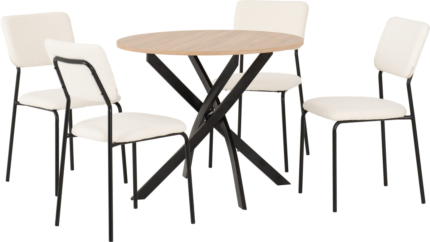 SHELDON ROUND WOODEN TOP DINING SET - SONOMA OAK EFFECT/BLACK/IVORY BOUCLE FABRIC