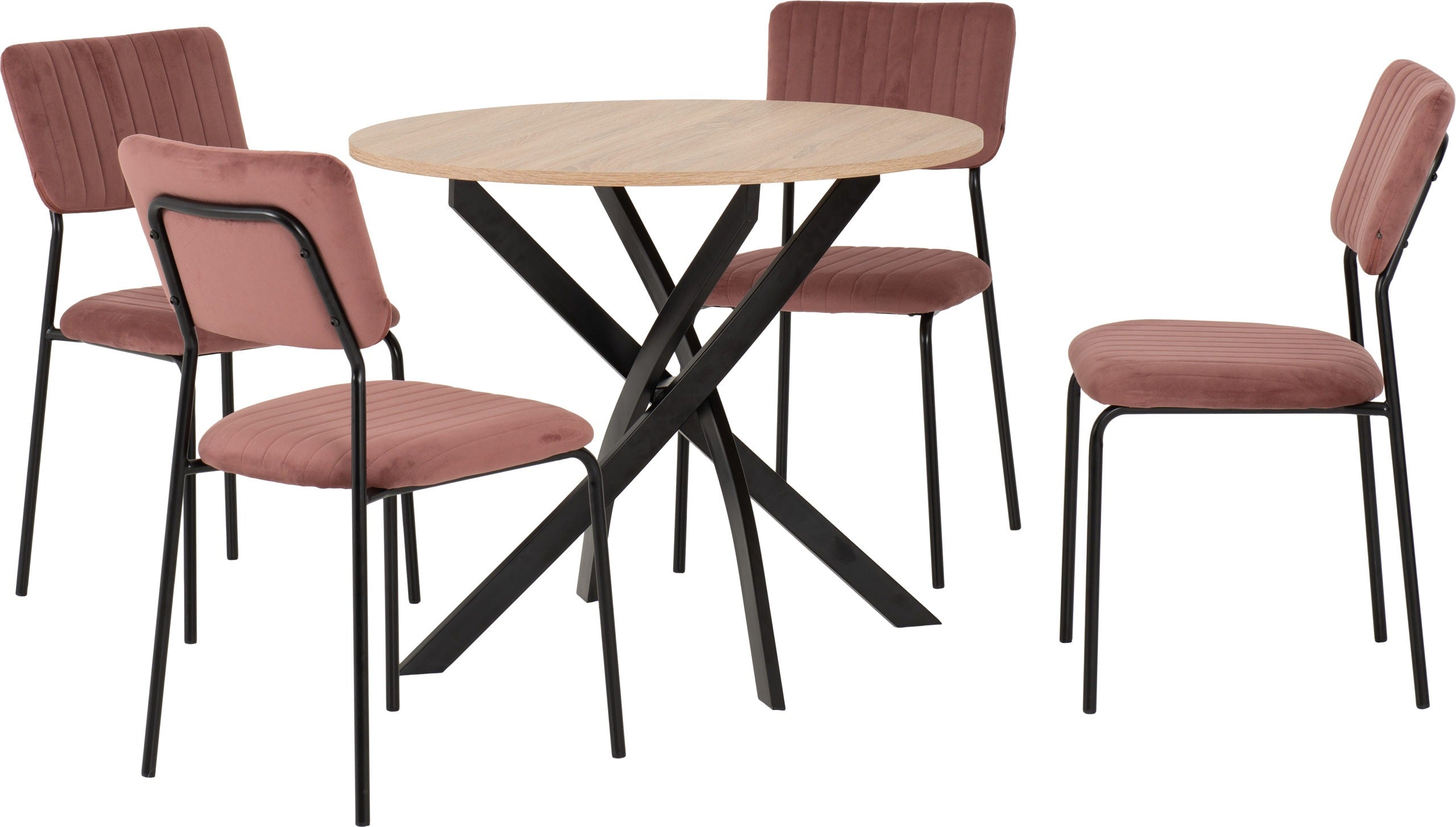 SHELDON ROUND WOODEN TOP DINING SET - SONOMA OAK EFFECT/BLACK/PINK VELVET FABRIC