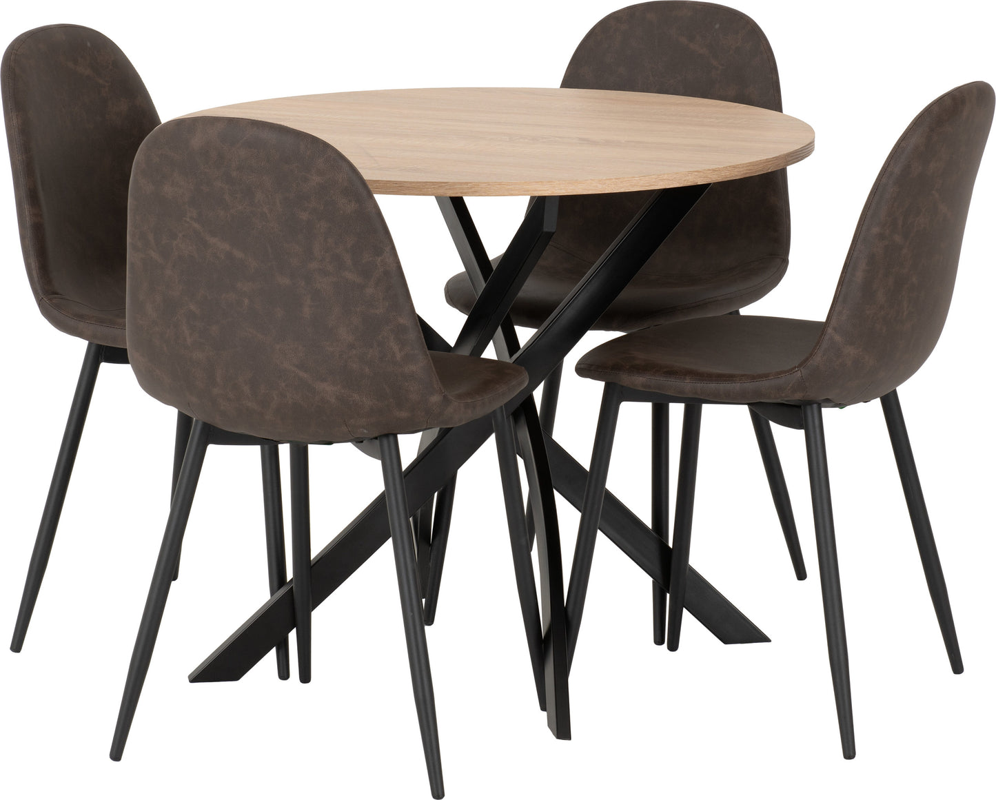 SHELDON ROUND WOODEN TOP DINING SET WITH ATHENS CHAIRS Ð SONOMA OAK EFFECT/BLACK/BROWN FAUX LEATHER