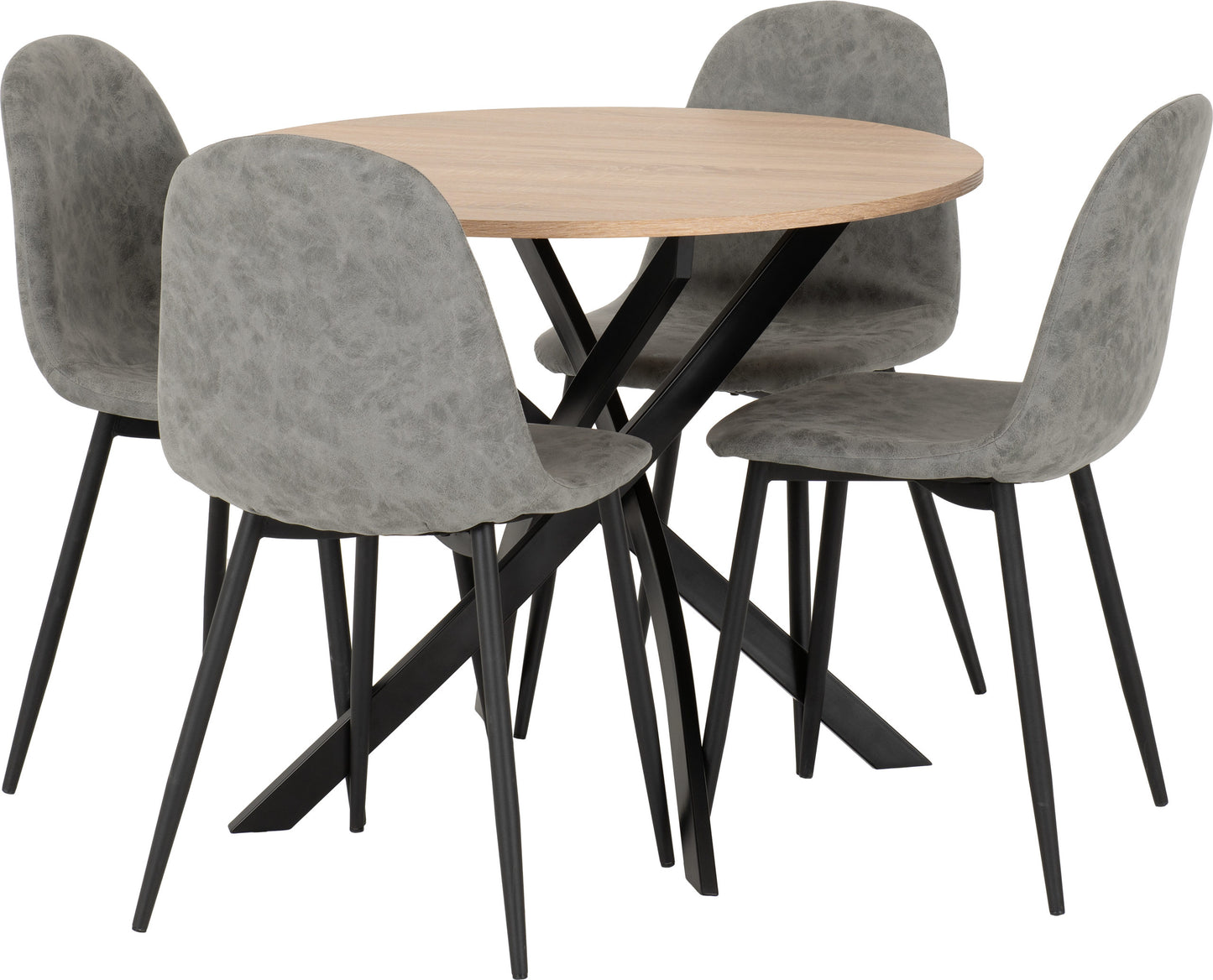 SHELDON ROUND WOODEN TOP DINING SET WITH ATHENS CHAIRS Ð SONOMA OAK EFFECT/BLACK/GREY FAUX LEATHER