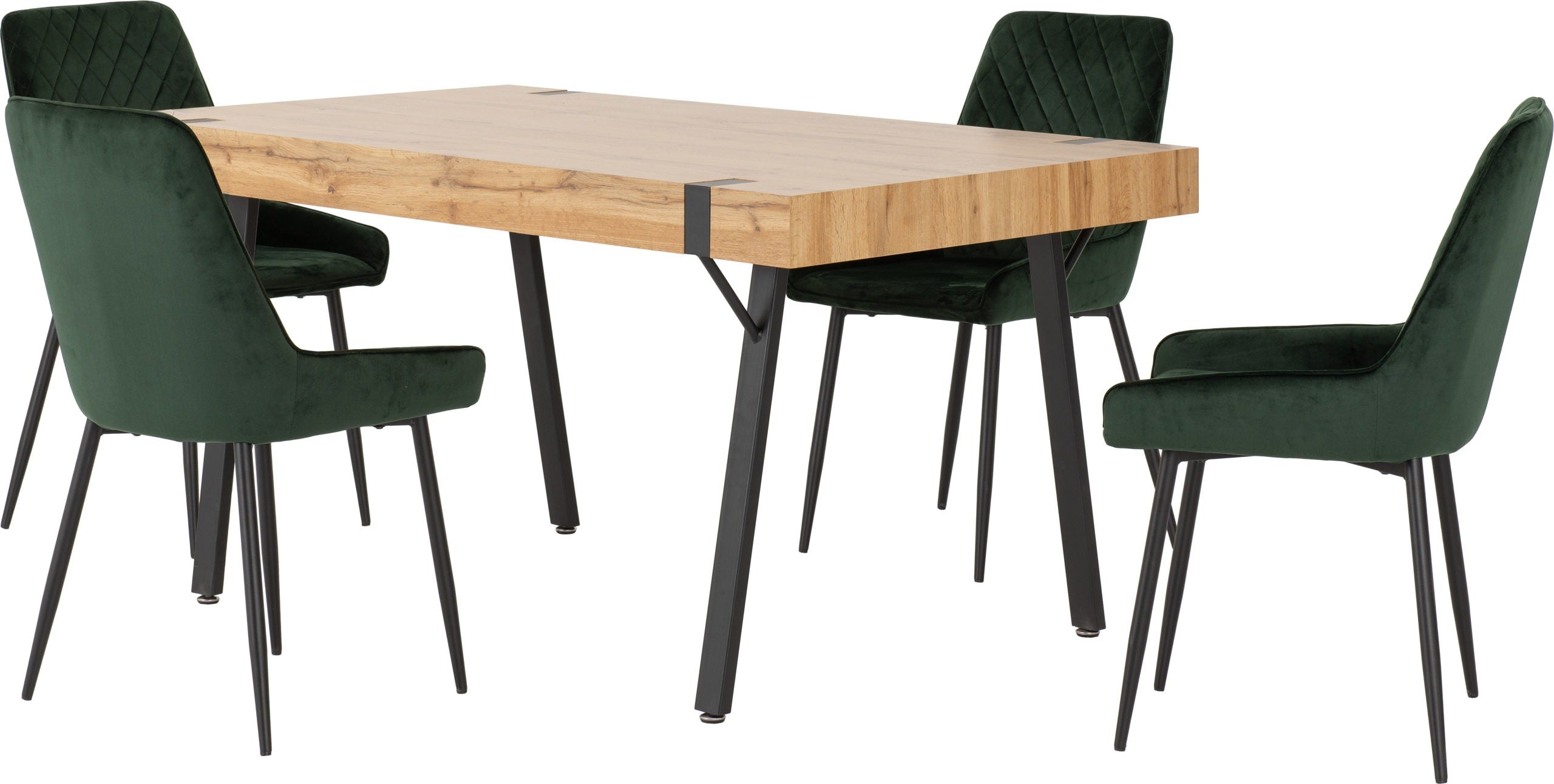 TREVISO DINING SET WITH AVERY CHAIRS - LIGHT OAK EFFECT/BLACK/EMERALD GREEN VELVET