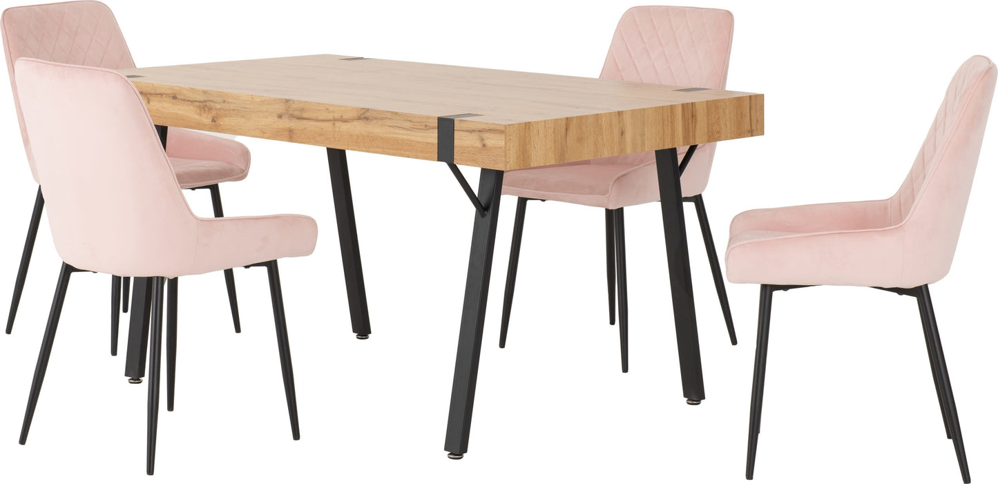 TREVISO DINING SET WITH AVERY CHAIRS - LIGHT OAK EFFECT/BLACK/BABY PINK VELVET