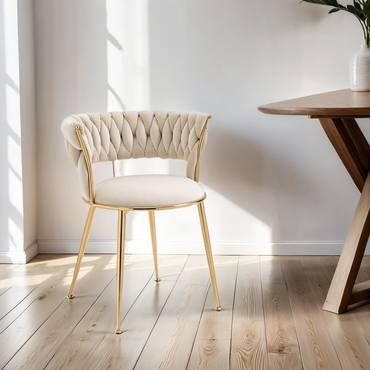 Set of 2 Cream Shimmer Fabric Gold Dining Chair