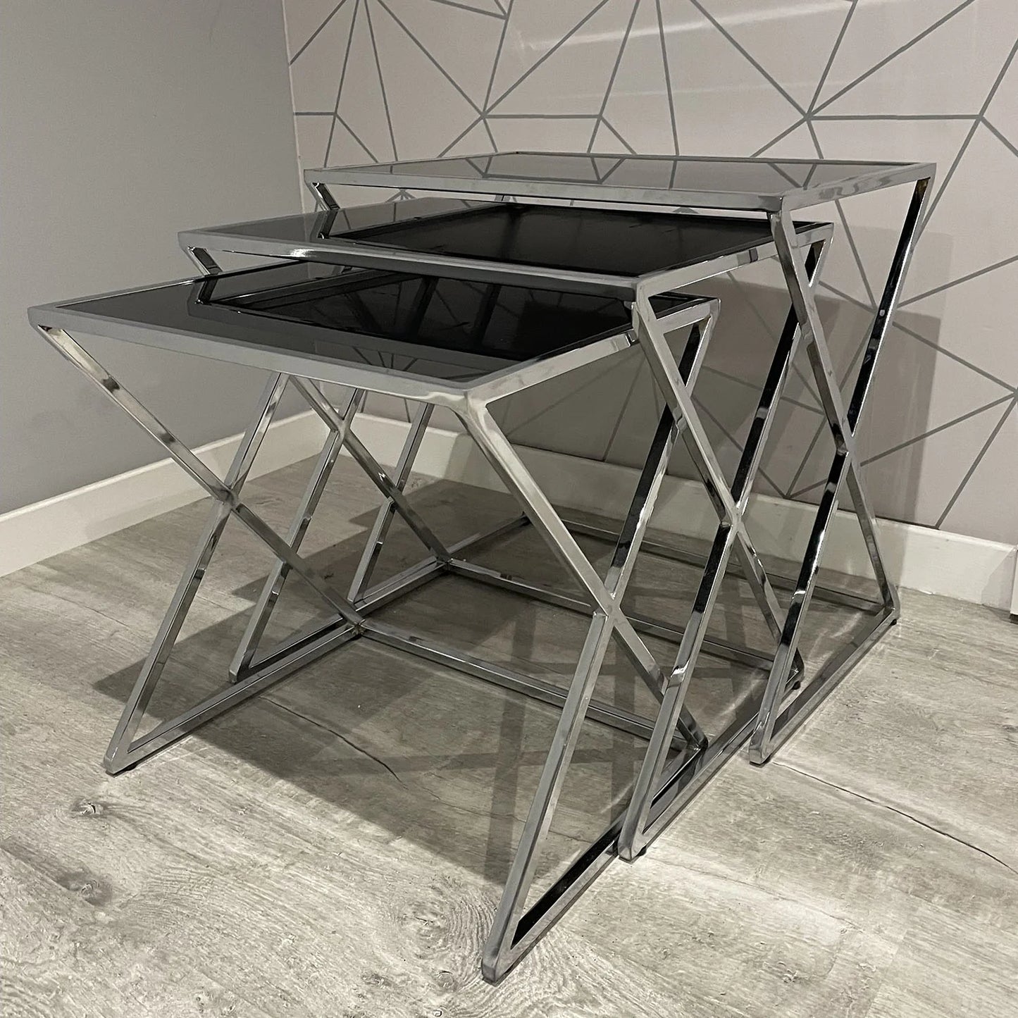 Black Glass Nest Of 3 Side Tables